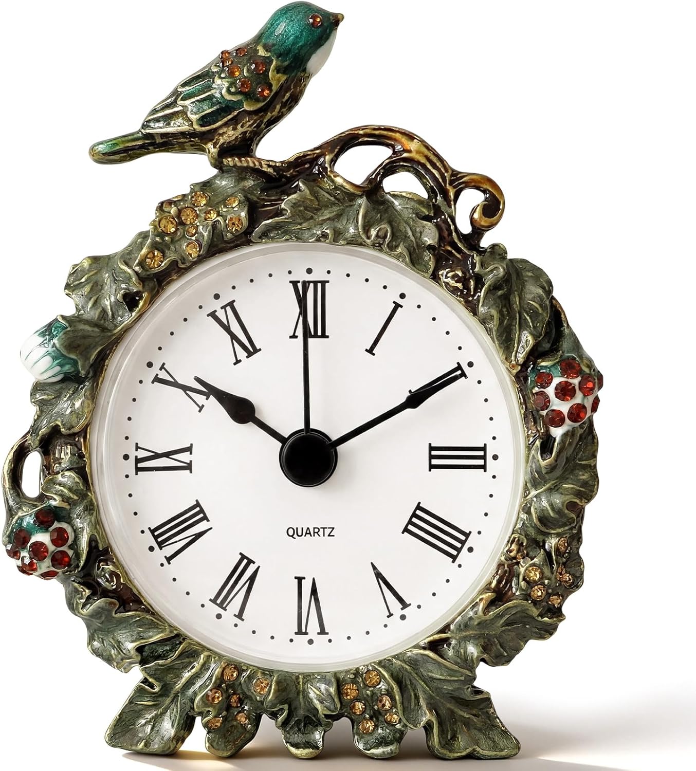 Kenning Vintage Mini Table Clock, 3.5 Inch Decorative Metal Silent Non Ticking Analog Quartz Battery Operated Table Top Clock for Living Room Bedroom Bedside Desk Decor(Bird)