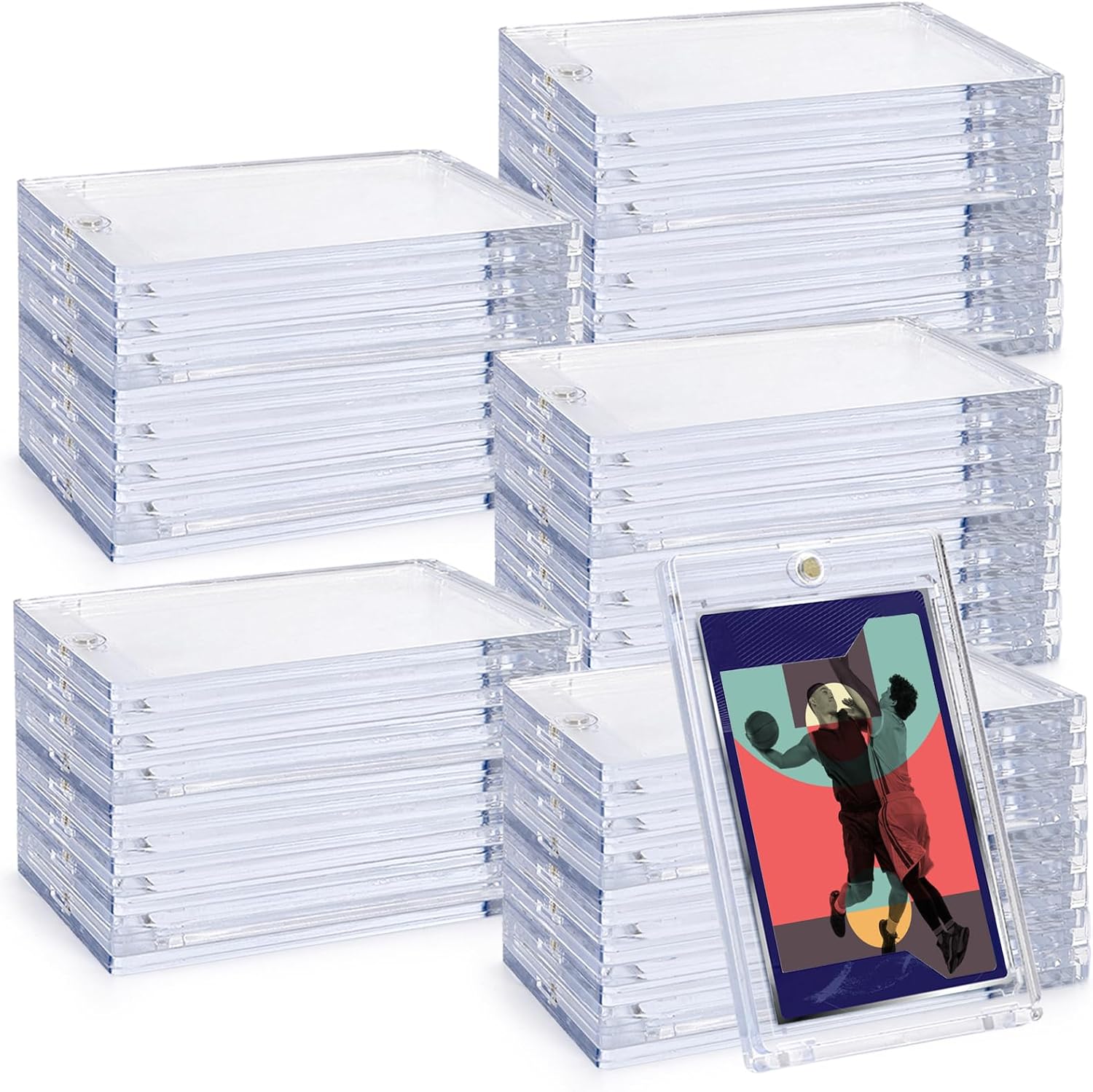 Frcctre 50 Pack Magnetic Card Holder, 35 Pt Magnetic Cards Holders for Trading Cards Sports Game Baseball Cards, One Touch Hard Plastic Card Holder Card Protector