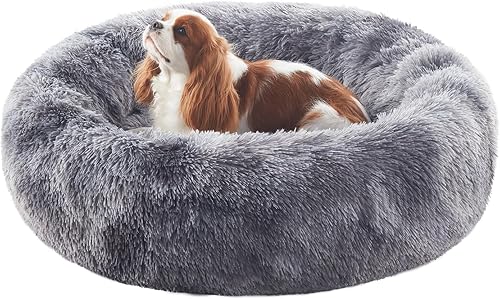 Miniatura 19 de Cama redonda con forma de dona de 36 pulgadas para perros grandes, cama redonda calmante y esponjosa para mascotas con funda extraíble y lavable, se