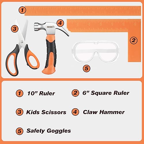 Vista 2 de REXBETI Juego de herramientas para niños de 10 piezas con herramientas de mano reales, bolsa de almacenamiento duradera naranja, kit de herramientas