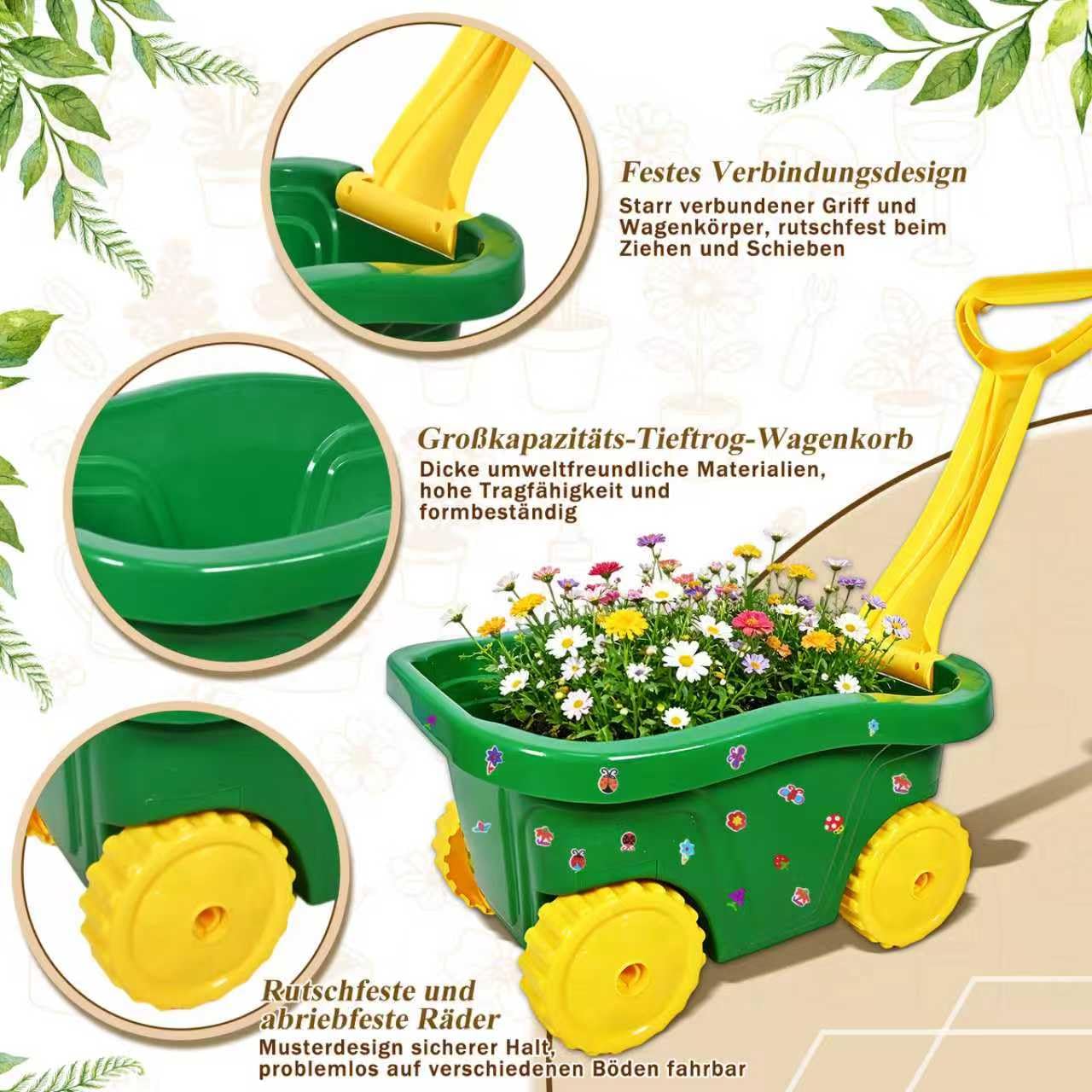 Carretilla para Niños, 13pcs Carretilla Niño Set Jardinería, Juego Herramientas de Jardín para Infantil con Pala, Escoba, Rastrillo y Rastrillo de Hojas, Pulverizador Juguetes de Arena Exterior (B)