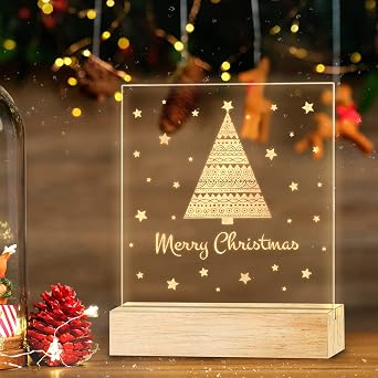Merry Christmas Tabletop Decorations LED Lighted, Acrylic Xmas Illusion Lamp Winter Decor for Table House Kitchen Holiday Party Gift