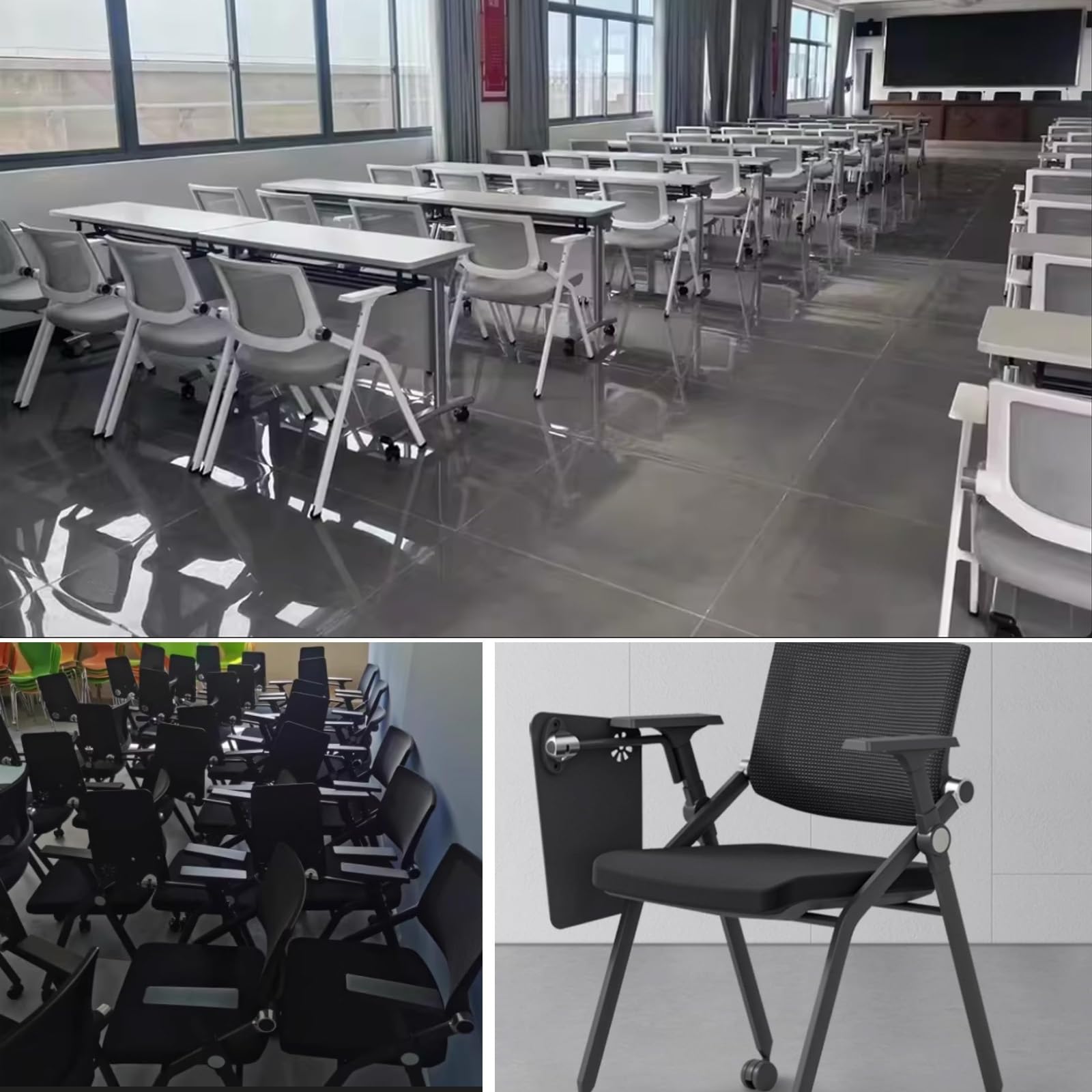 Klappbarer Konferenzstuhl Mit Tisch Konferenzstuhl Mit Schreibtafel Und Fein Abgestimmter Rückenlehne Ideal Für Unternehmen, Schulen Und Studios(Schwarz)