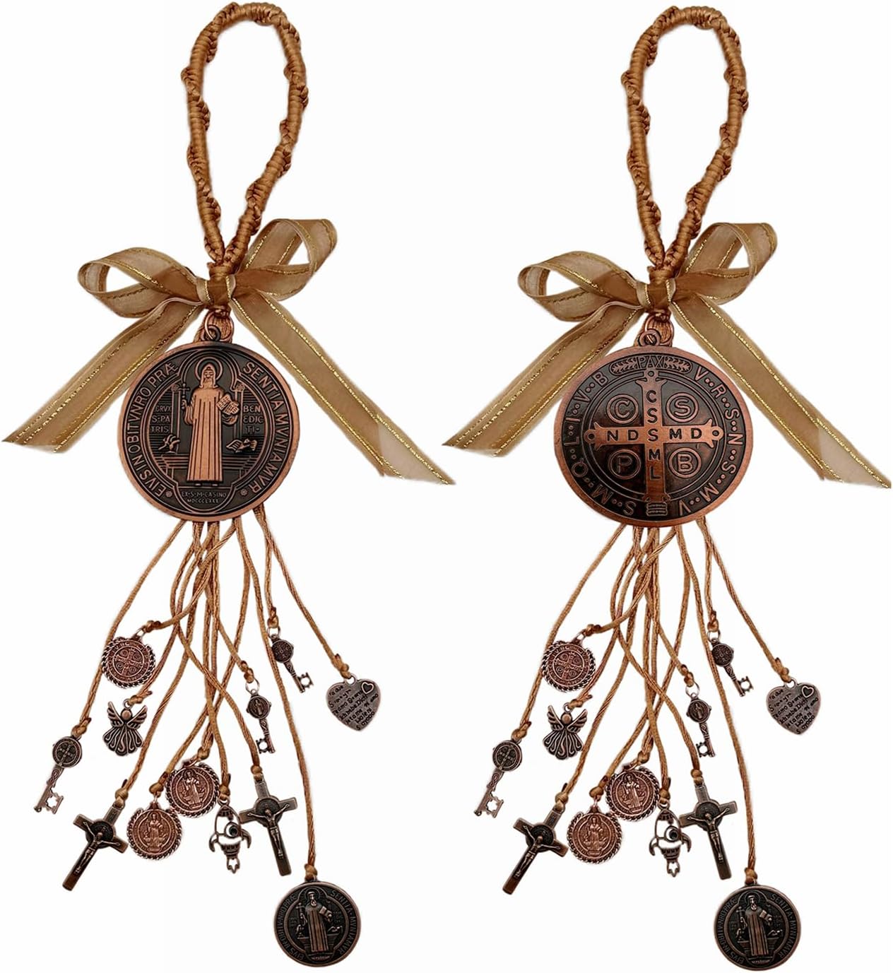 Bovemee 2PCS/Set Medalla De San Benito,Escapularios Wooden Beads Rosary St Benedict Medals for Door with Saint Benedict Cross Crucifix Catholic Gift Set for Car Hanging Charm Home Door Hanger Decor