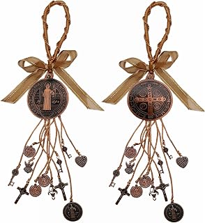 2PCS/Set Medalla De San Benito,Escapularios Wooden Beads Rosary St Benedict Medals for Door with Saint Benedict Cross Crucifix Catholic Gift Set for Car Hanging Charm Home Door Hanger Decor