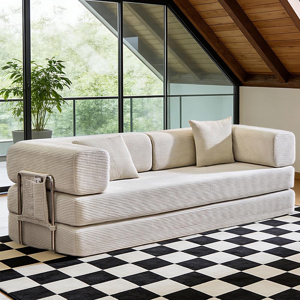 MonicaNest Convertible Sleeper Sofa Bed Corduroy Upholstered Modular Floor Couch Queen/King Size Foldable Futon with futon Memory Foam for Apartment
