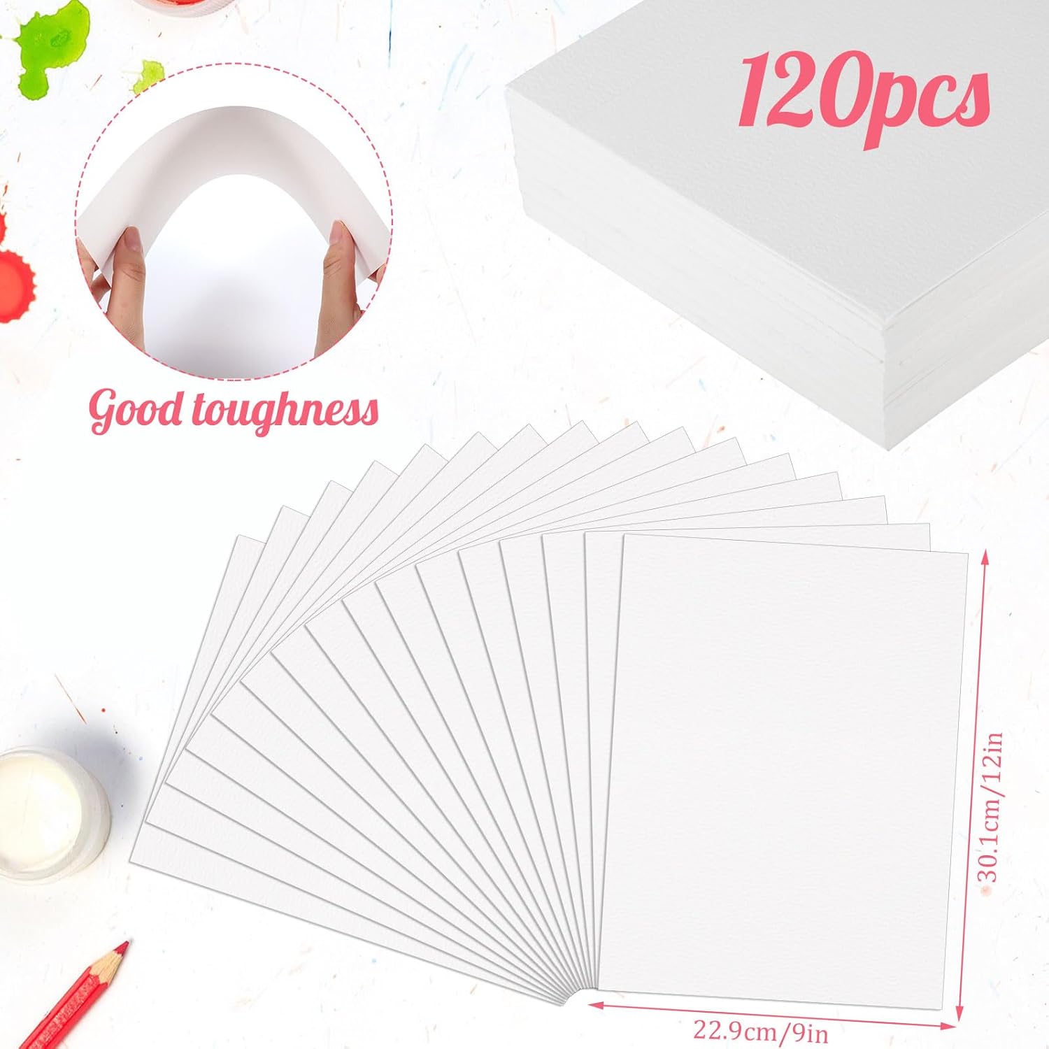 120 Sheets Watercolor Paper 9 x 12, 140 lb/300 GSM Cold Press Watercolor Paper Bulk White Water Color Paper for Kids Child Students Adults Artists Drawing