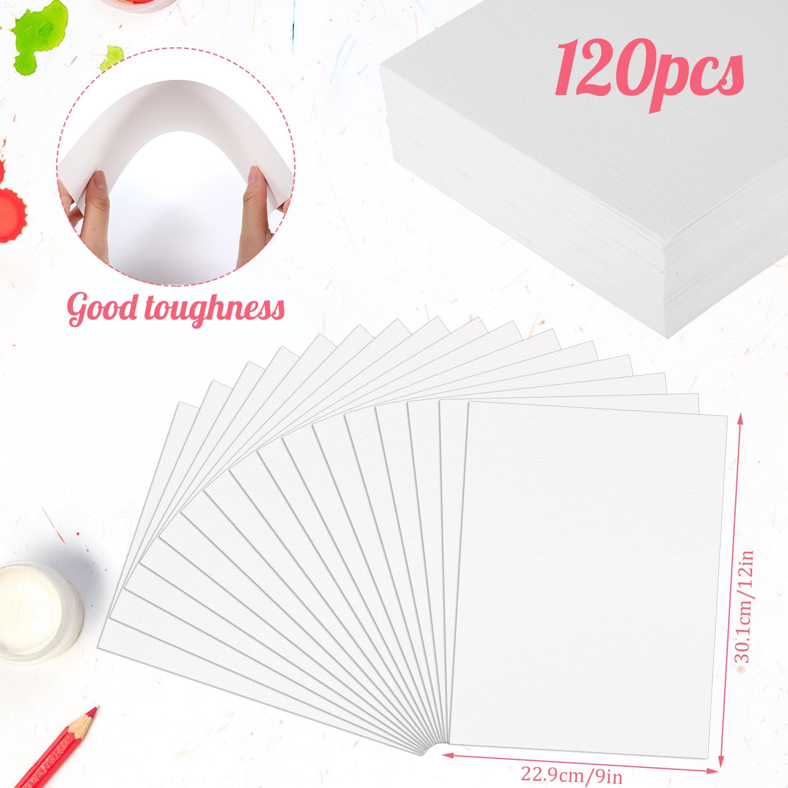 120 hojas de papel de acuarela de 9 x 12, 140 libras/300 g/m², papel de acuarela blanco a granel para niños, estudiantes, adultos, artistas, dibujo