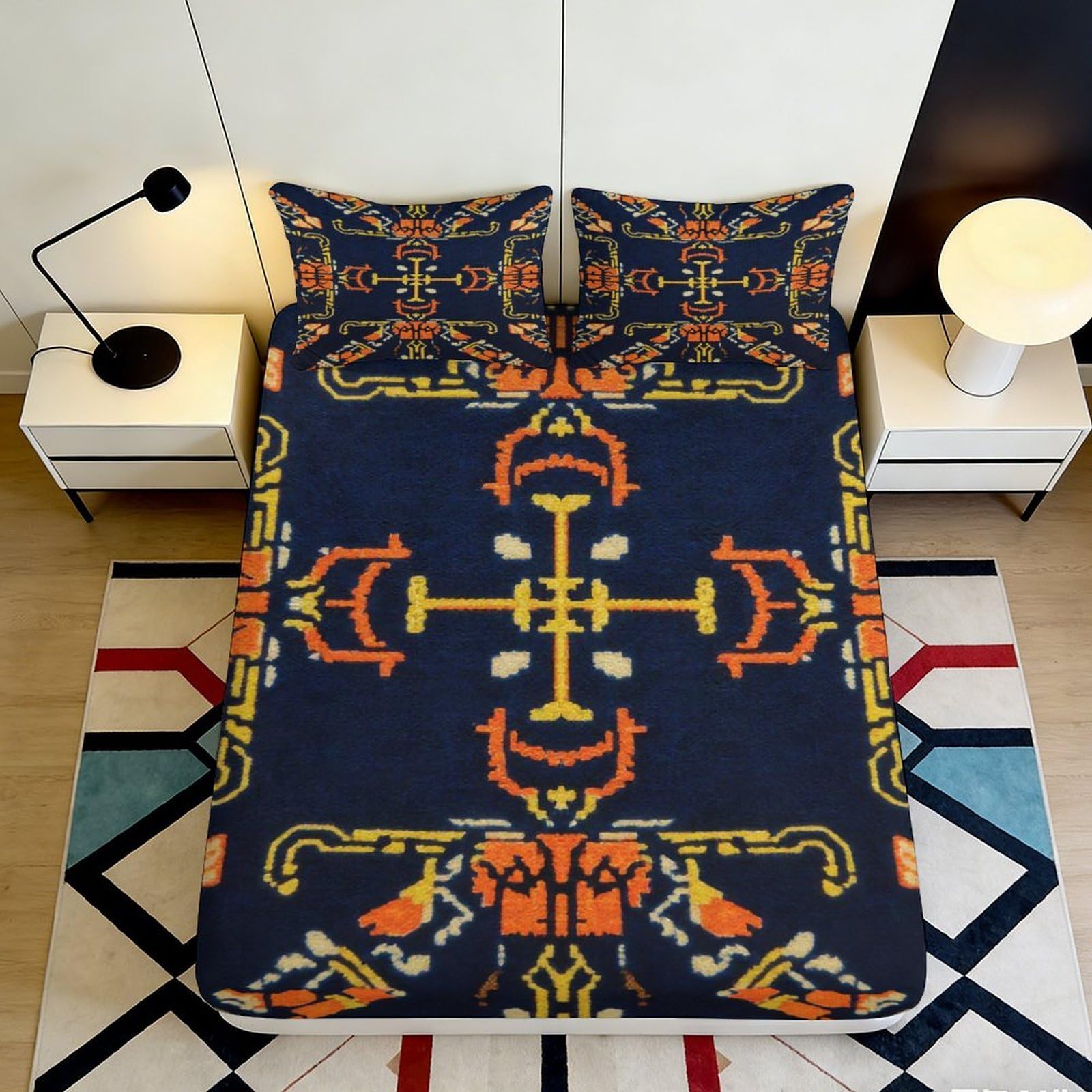 Decorative dark ethnic Fitted Sheet, 3D Printed, Microfiber, soft touch, bed cover for apartment bedding, easy care 180x200x25cm