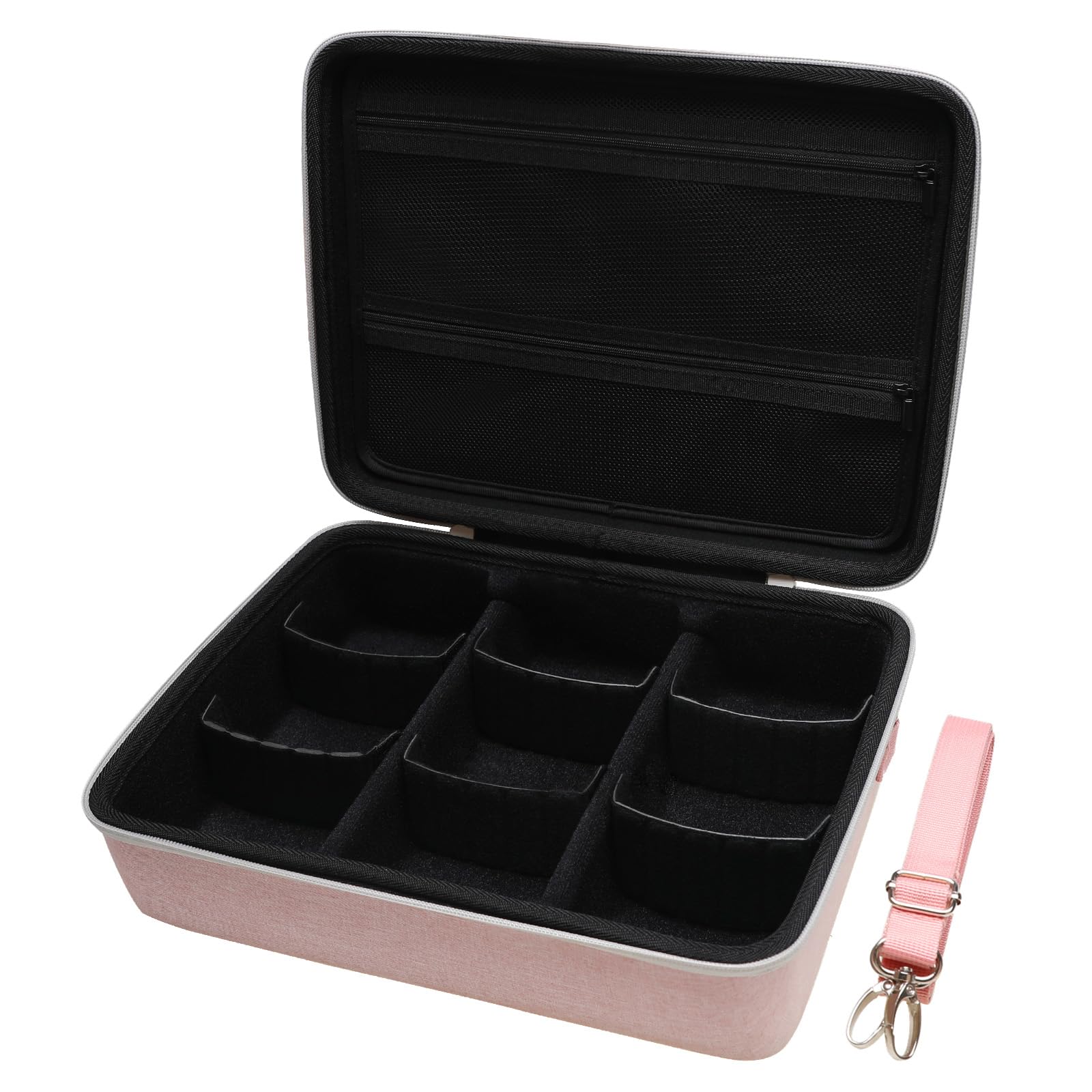 LTGEM game card travel case with shoulder straps and 6 hook and loop fastener partitions,compatibility Taco Cat Goat Cheese Pizza/SKYJO/UNO/playing card Against Humanity and other game cards，This card box can hold 2500+game cards (Outer Pink+Inner Black)
