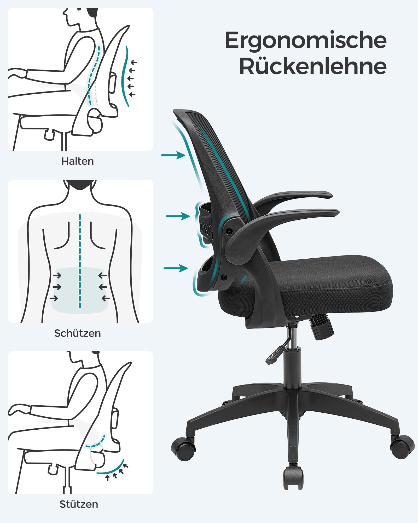 SONGMICS Silla de Oficina, Silla de Escritorio, Silla Giratoria Ergonómica, Silla de Ordenador, Altura Ajustable, Apoyabrazos Abatibles, Mecanismo de Inclinación, Negro OBN035B01