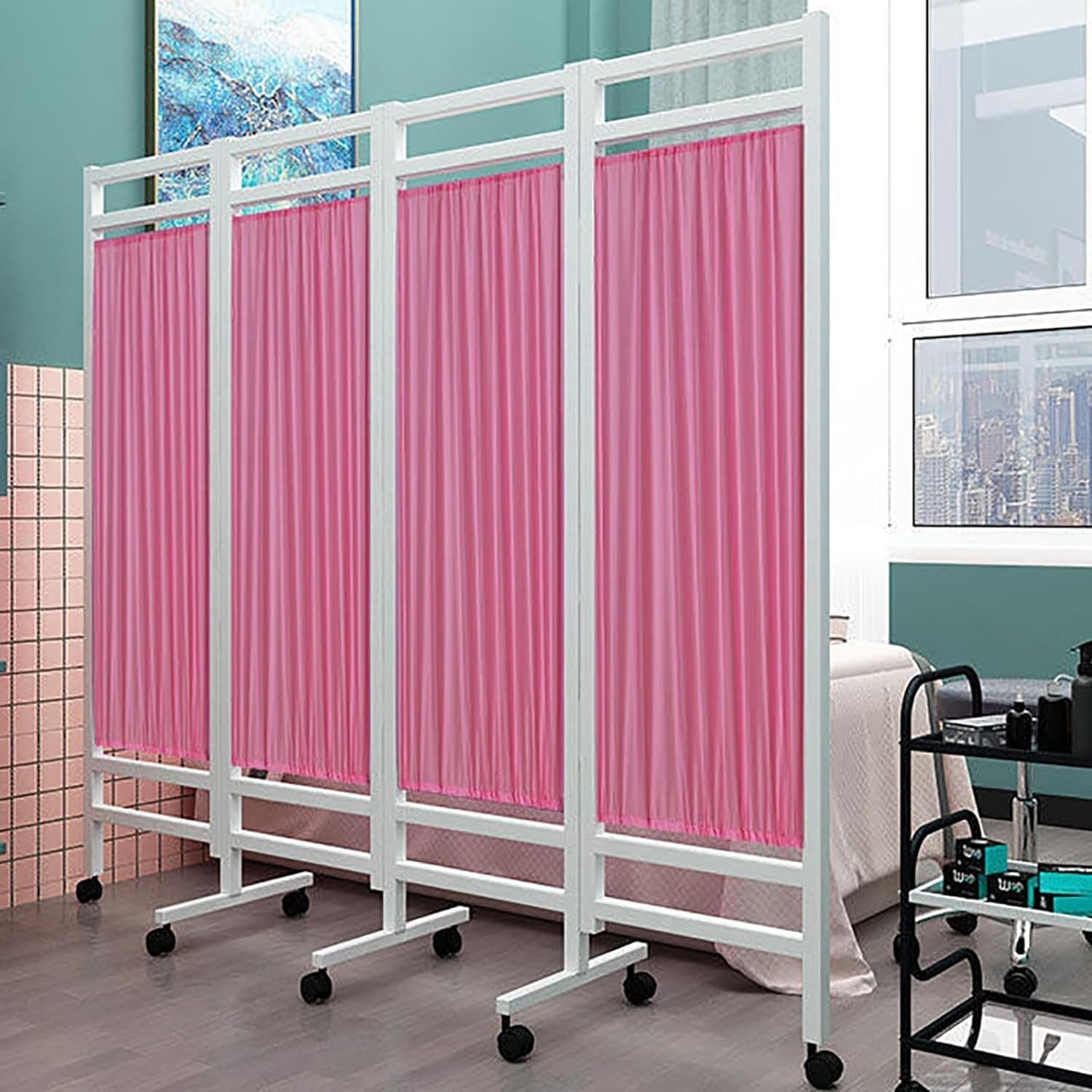 4 Panel Foldable Medical Privacy Screen, 6ft Tall Foldable Room Divider Clinic/Patient/Exam Room Temporary Fence (Color : Pink, Size : 4-Panel)
