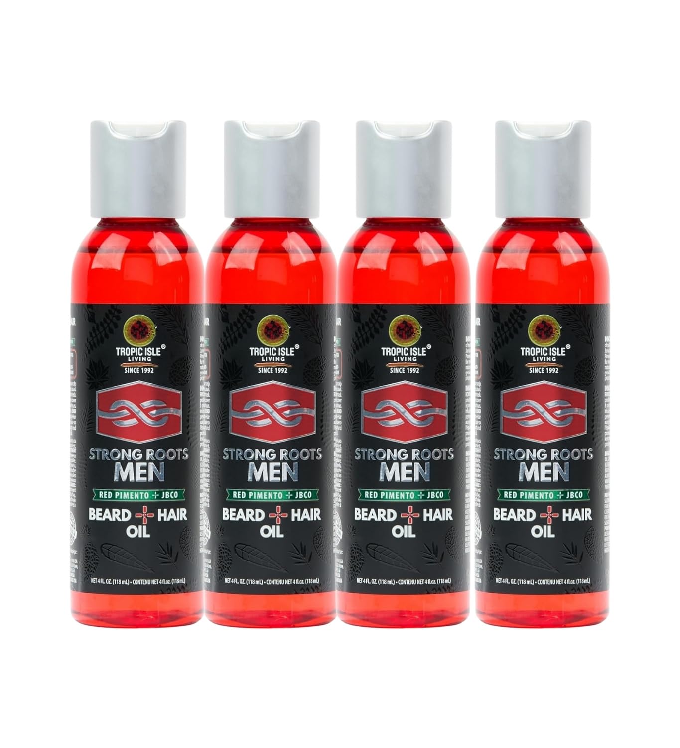 Tropic Isle Living Mens Beard Oil – 4x Strong Roots MenBeard + HairOil 4 oz Bundle with Red Pimento, Shea Butter, and JBCO – Moisturizing, Softening, and Shine for Beard and Hair – Gift Set (4 Items)