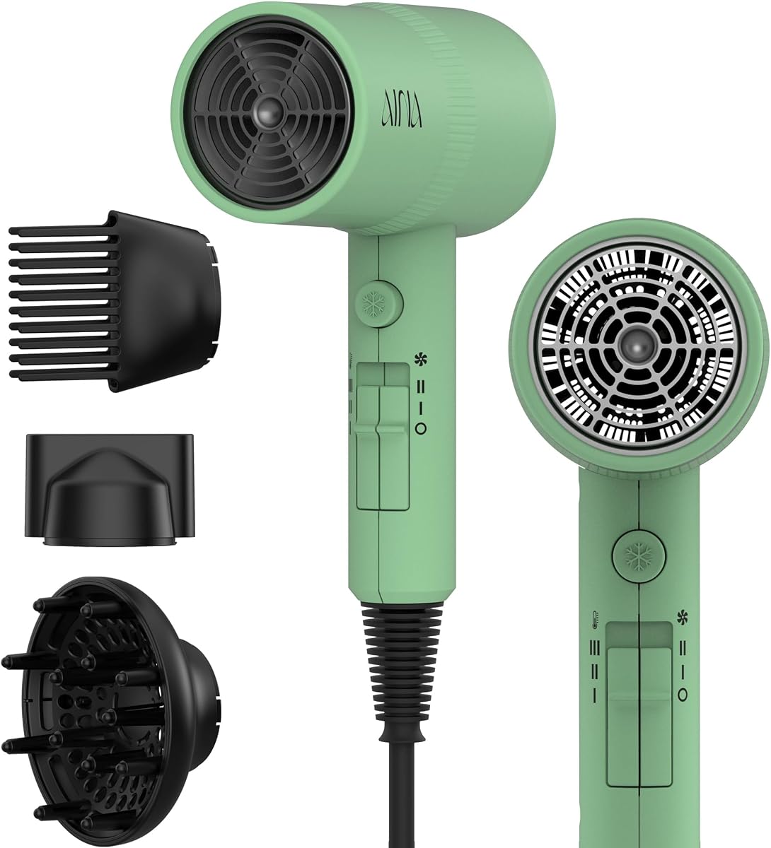 AINA Hair Dryer with Diffuser,Comb Full-Featured Blow Dryer 110V(Green) | 3 Heat/2 Speed;Cold shut button;Lightweight;Compact Size;High Temp;Low Airflow;Same Results;Less Expense
