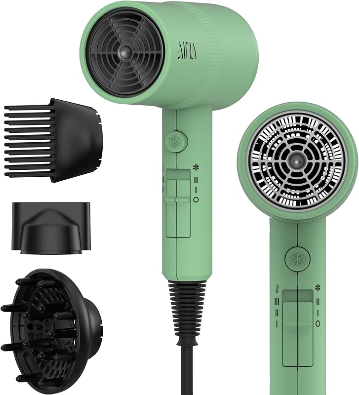AINA Hair Dryer with Diffuser,Comb Full-Featured Blow Dryer 110V(Green) | 3 Heat/2 Speed;Cold shut button;Lightweight;Compact Size;High Temp;Low Airflow;Same Results;Less Expense