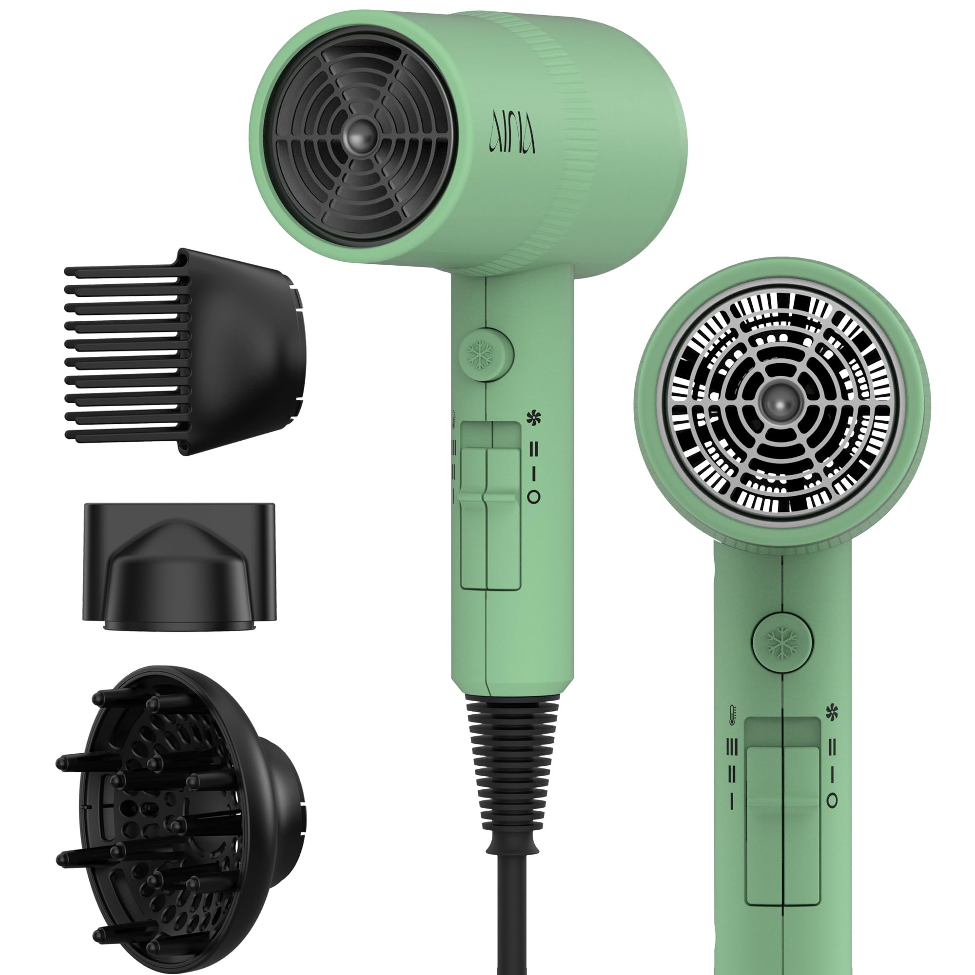 AINA Hair Dryer with Diffuser,Comb Full-Featured Blow Dryer 110V(Green)