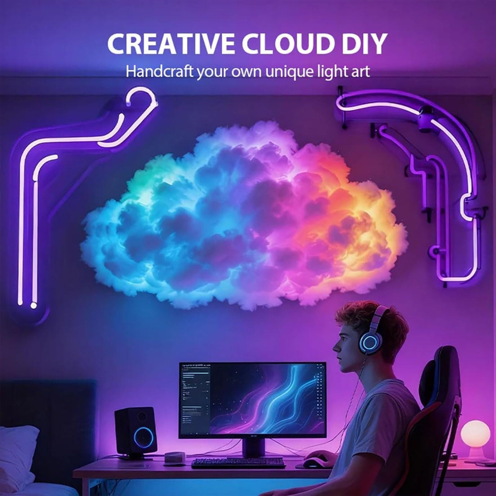 Lámpara de Nube de Tormenta LED 3D, USB, Multicolor | Algodón 3D, sincronización musical, modos ajustables. Ideal para juegos, Halloween o dormitorios.(800cm/314.96in)