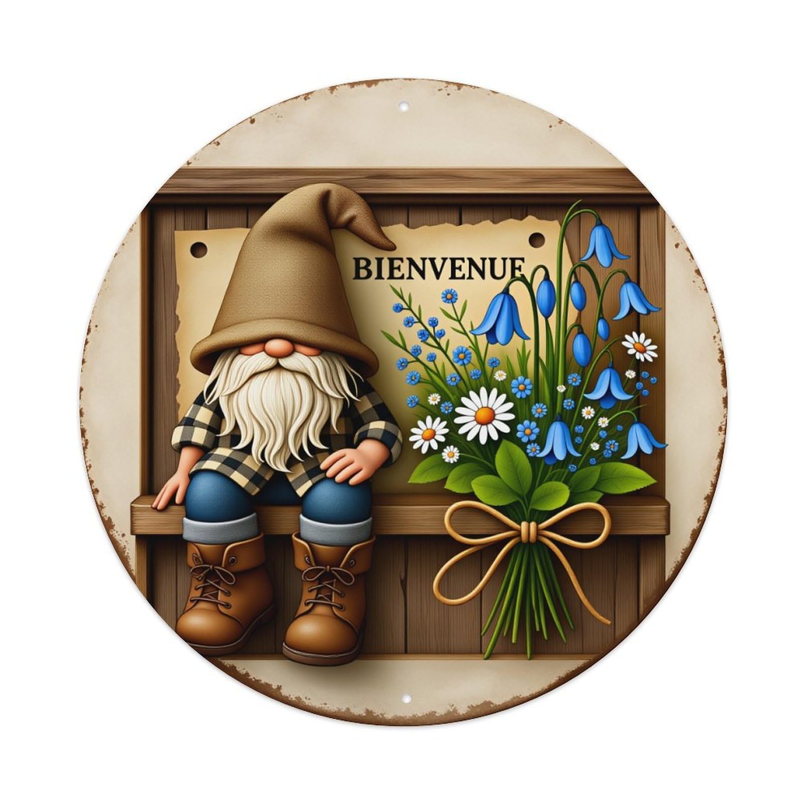 Gnome Welcome Sign Flower Bouquet Round Tin Sign Vintage Style Metal Sign Home Bar Garden Wall Plaque Decor Metal Poster 8x8 Inch