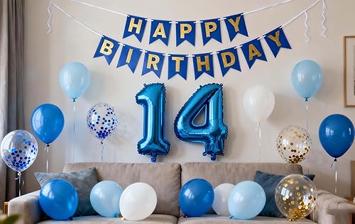 Miniatura 6 de Decoraciones de cumpleaños número 10, color azul para niños y niñas, pancarta de feliz cumpleaños número 10, globos de papel de aluminio de látex