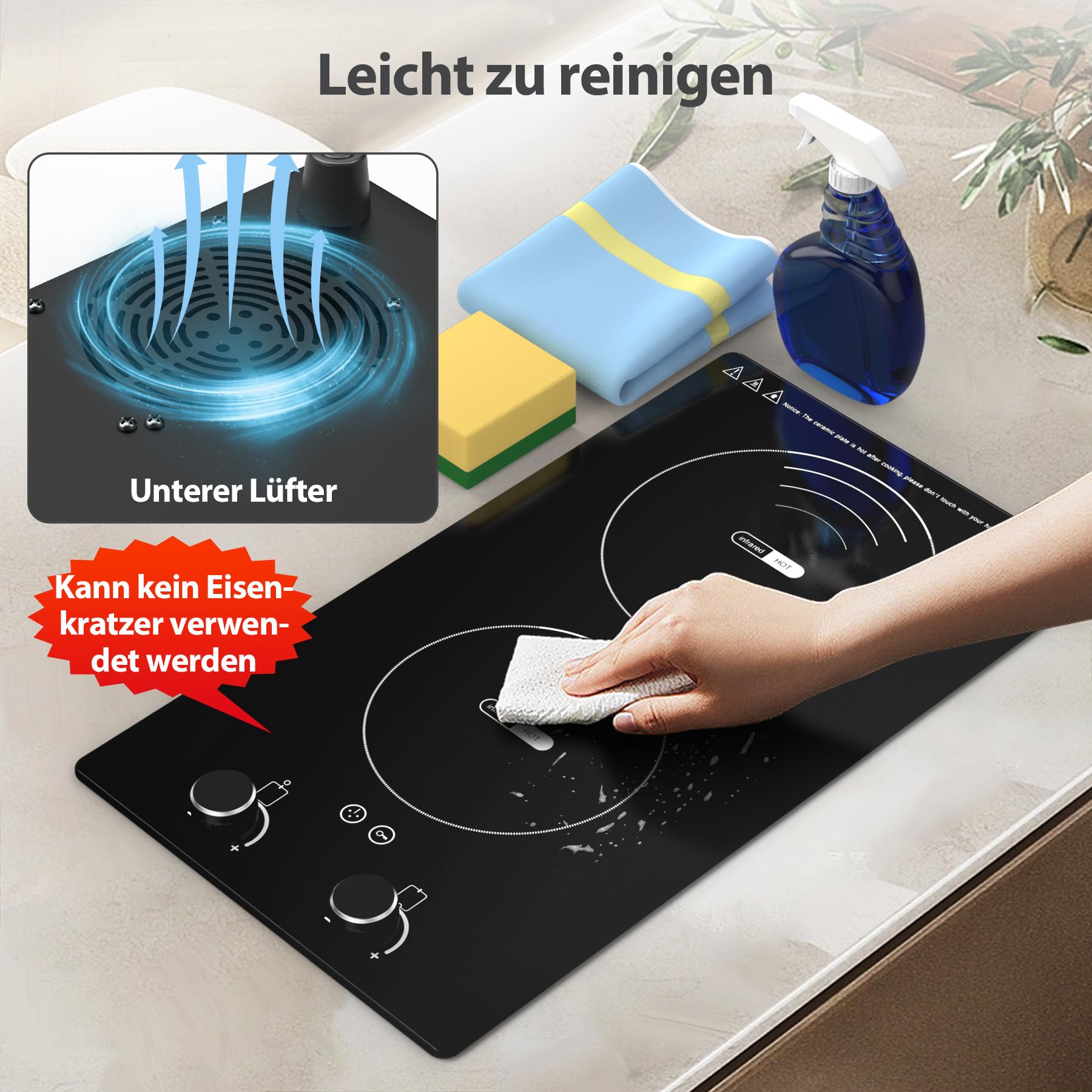 VBGK Glaskeramikkochfeld 2 Platten 29cm 3000W 2 Kochzonen 9 Heizstufen Berührungssteuerung Kindersicherung Timer