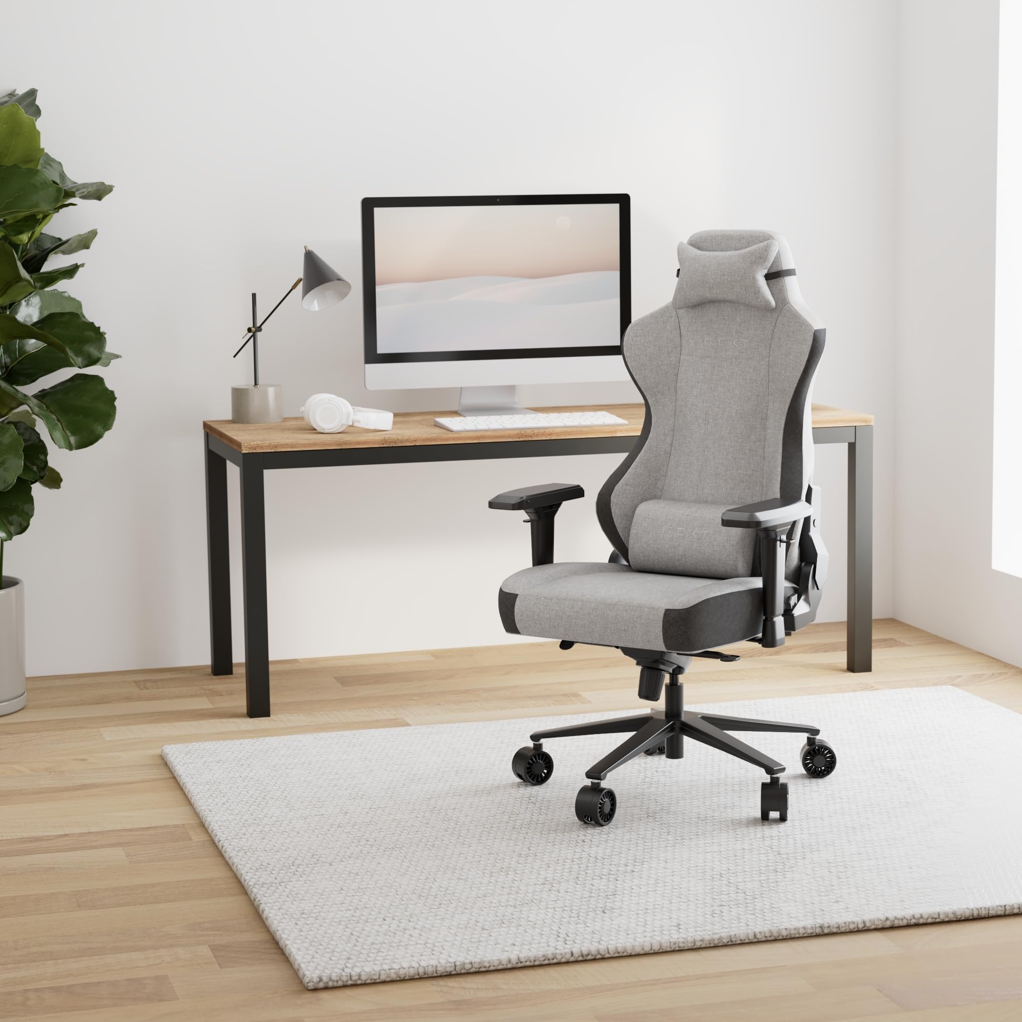 REKT ULTIM8 Plus - Chaise de Bureau Gaming XL Grand Taille en Tissu Premium - Inclinable à 180 ° - Accoudoirs 4D - Coussin Ajustable pour La Nuque - Coussin Lombaire - Supporte 150 Kg (Gris Clair)