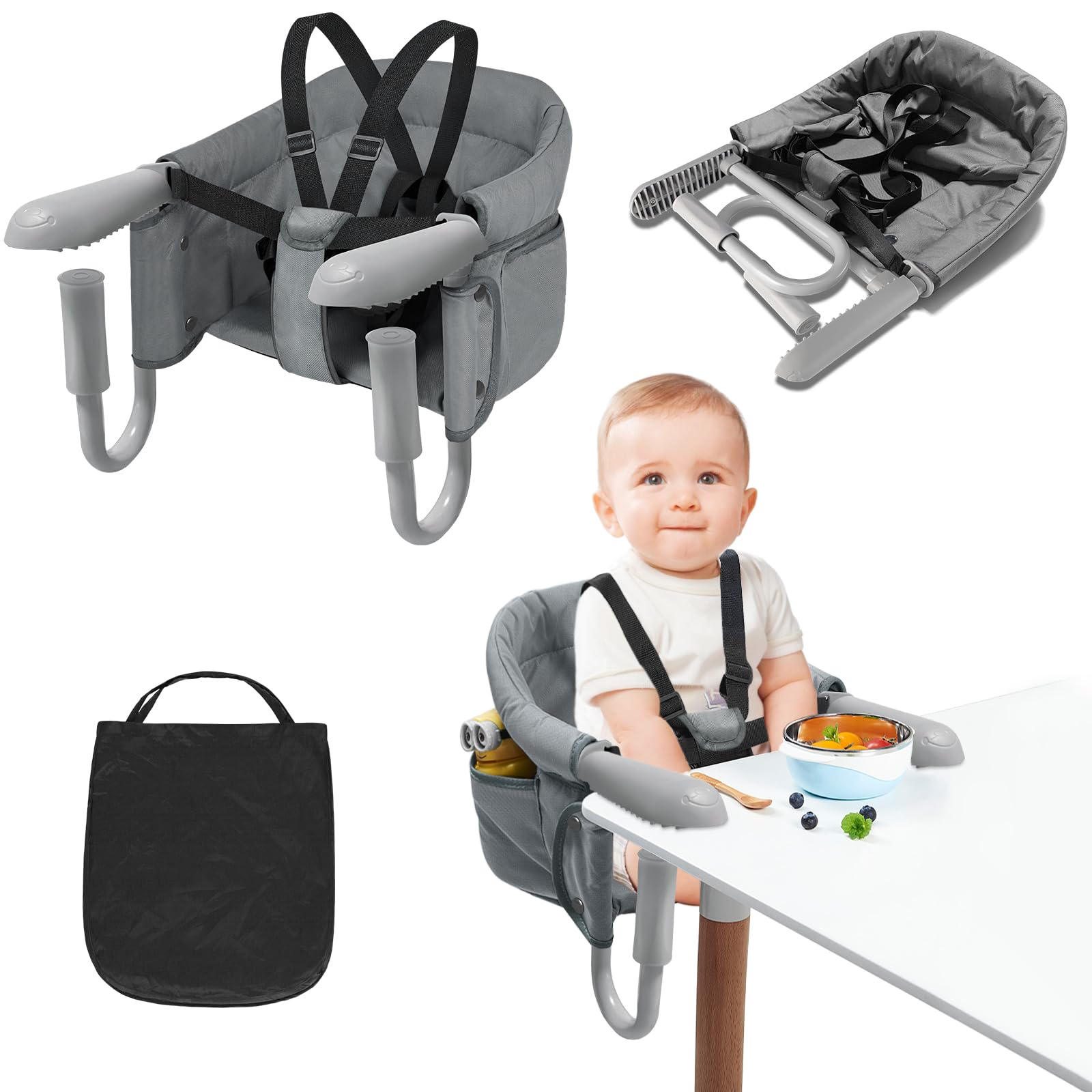LARS360 Siège de table pour bébé - Pliable - Pour la maison et les déplacements - Convient pour les enfants de 6 à 36 mois avec un poids de moins de 15 kg - Gris