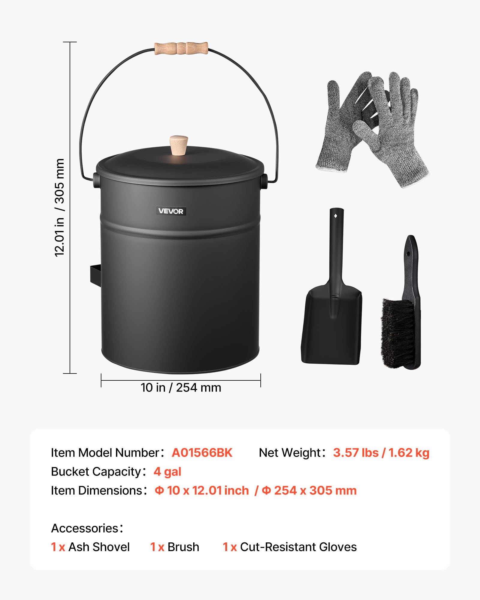 VEVOR Secchio per Cenere per Camino, 4 Pezzi con Coperchio, Pala, Scopa e Guanti, Secchio per Carbone e Contenitore per Cenere in Metallo per Caminetti, Capacità 15 L per Caminetti, Bracieri