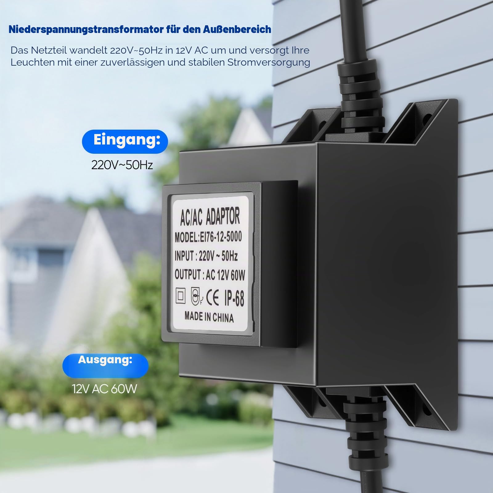 Transformator 230V auf 12V AC/AC, LED Trafo 60W 5A, Wasserdichte IP68 Netzteil für Gartenbeleuchtung, Brunnen und Pool