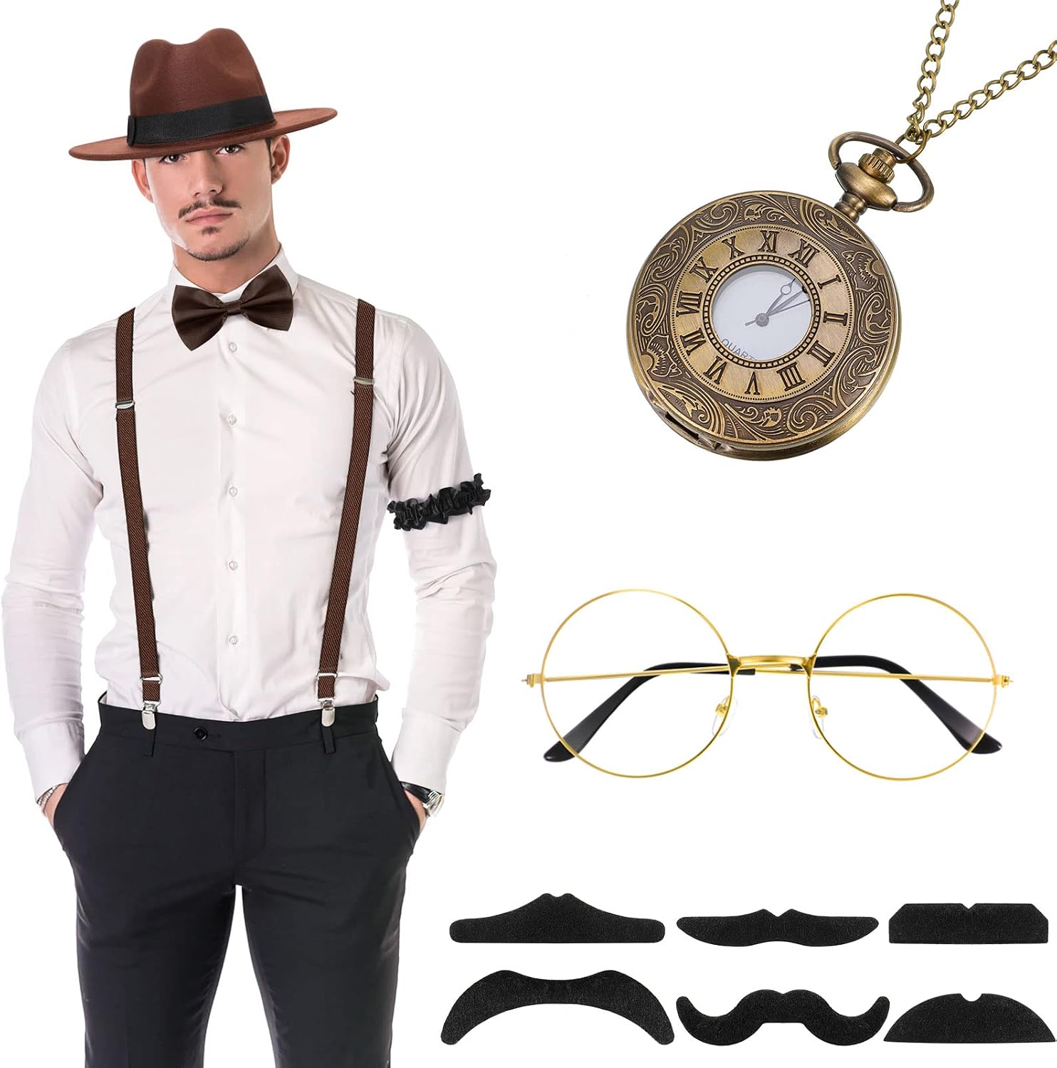 SATINIOR 1920s Old Men Costume Roaring Retro Accessories Set Gangster Hat Bow Tie Pocket Watch Suspender Glass Beard Tie Clip image 2