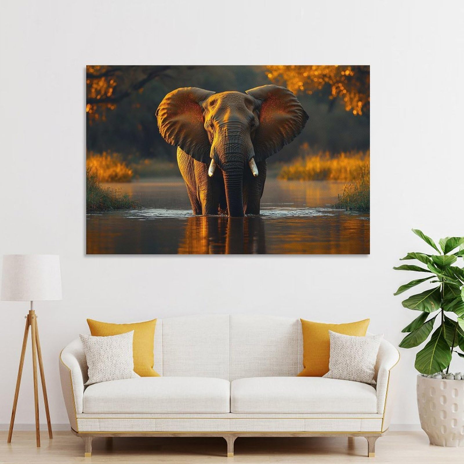 Junmoney Canvas Wall Decor Elephant Wading in Water at Sunset, 20x30inch(50x75cm), for Living Room, Bedroom Or Apartment Walls, A Home Accent with Warm Character