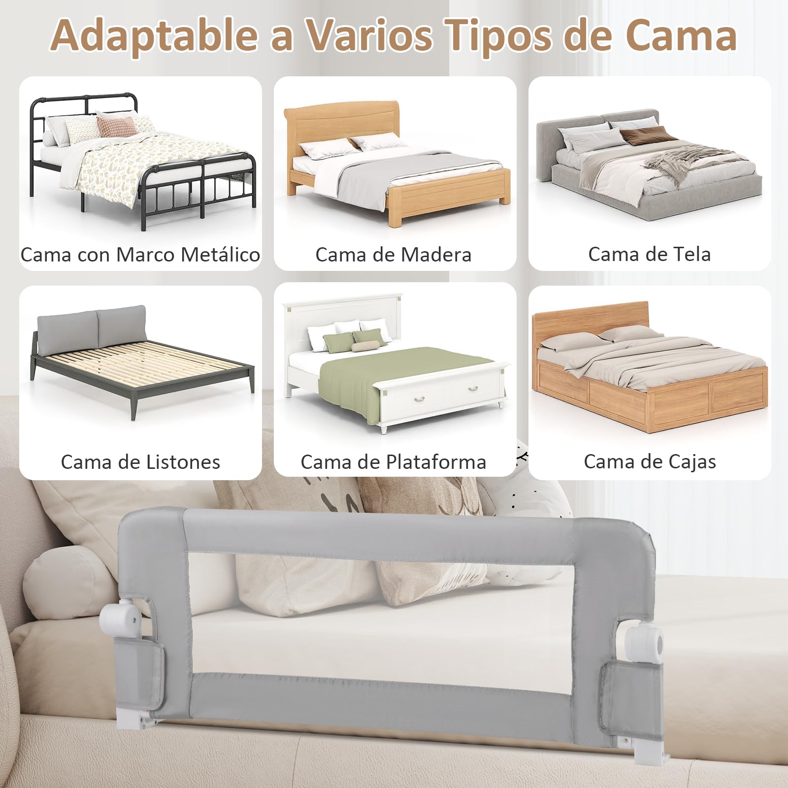 GOPLUS Barandilla Plegable para Cama de Niños Pequeños, Barandilla de Cama para Bebé Abatible con Tela Oxford de Malla, Anclaje, Protector de Seguridad para Cama de Tamaño Gemelo, Queen (Gris Claro)