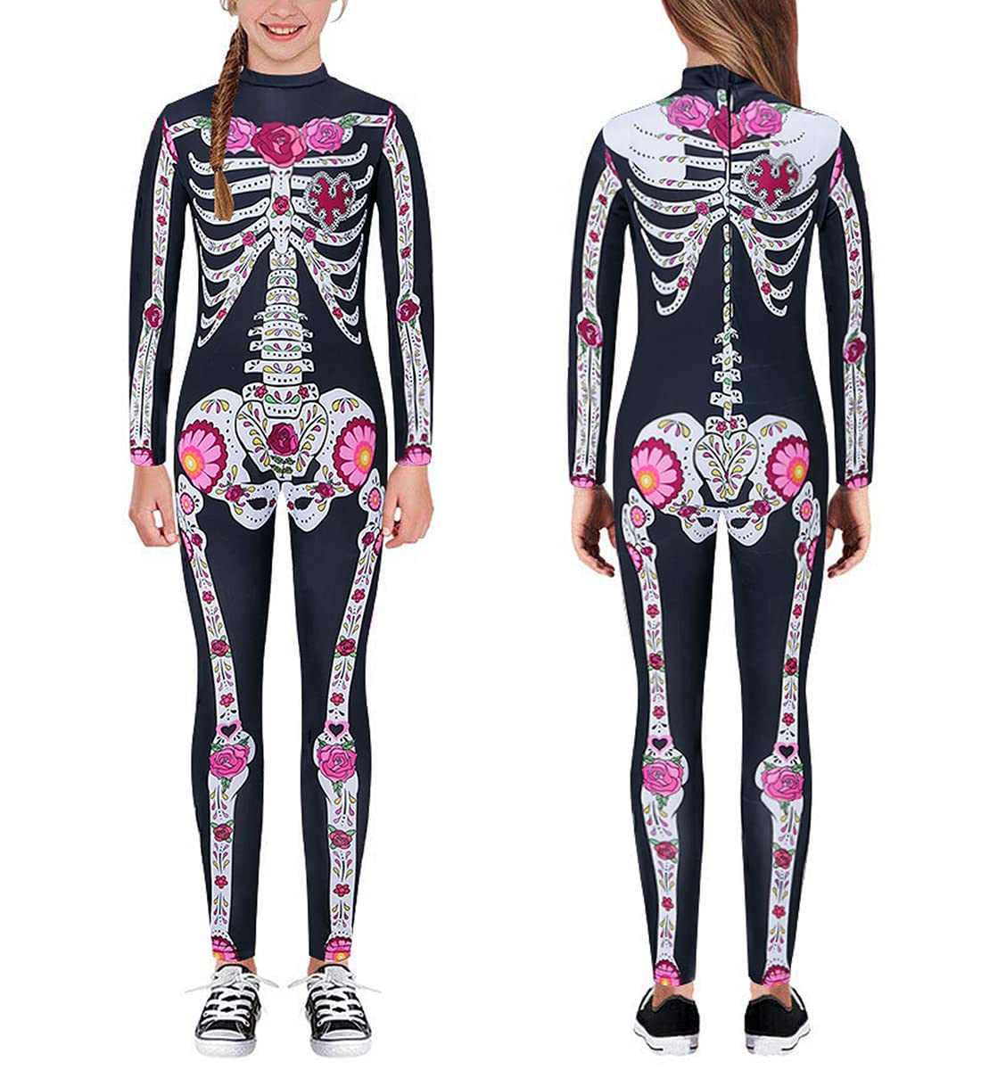 Kids4ever Unisex Bambini Scheletro di Halloween Body Tute Intere con Stampa di Ossa con Cerniera Stretch Fancy Cosplay One Piece per Ragazze Ragazzi 7-14 Anni