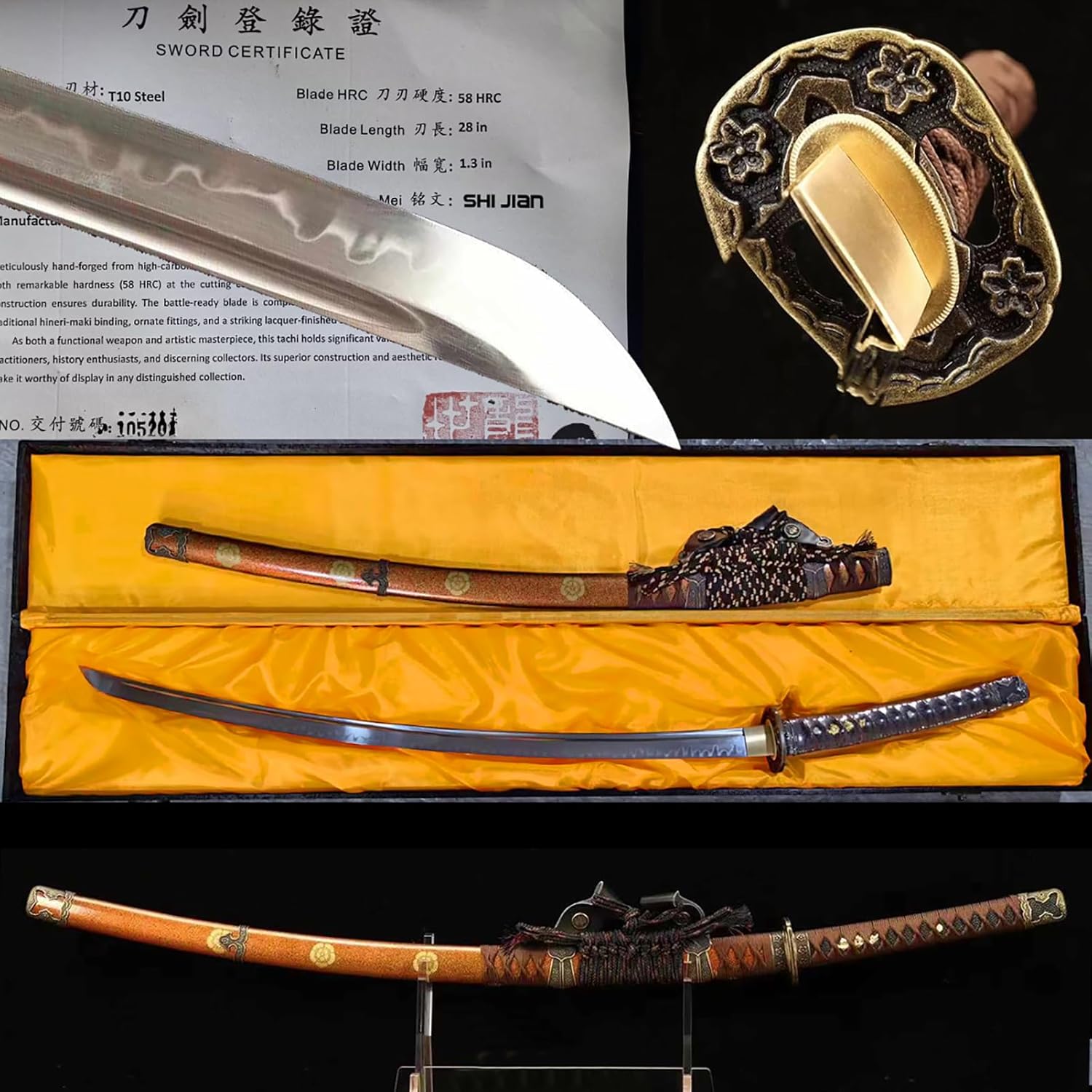 41 Inch Handmade Japanese Tachi Sword - T10 Carbon Steel Clay Tempered Blade with Real Hamon - Orange Scabbard - Collectible, Martial Arts Practice, Cosplay Katana