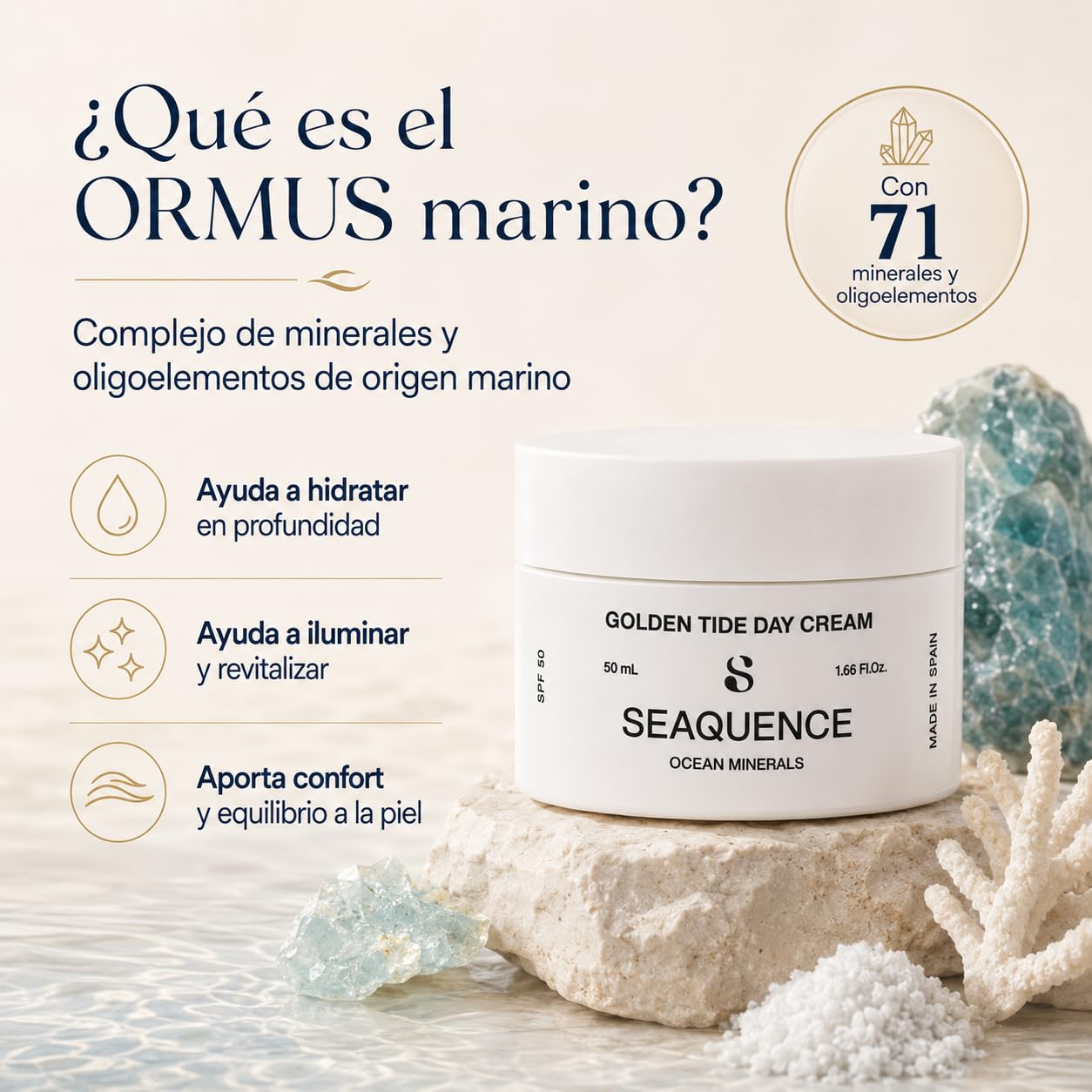 SEAQUENCE Golden Tide Day Cream SPF 50 50 ml | Crema de Día Facial con Ormus Marino, Ocean Trace Minerals, Niacinamida, Vitamina C Estabilizada, Vitamina E y Ácido Hialurónico | Hidratación total