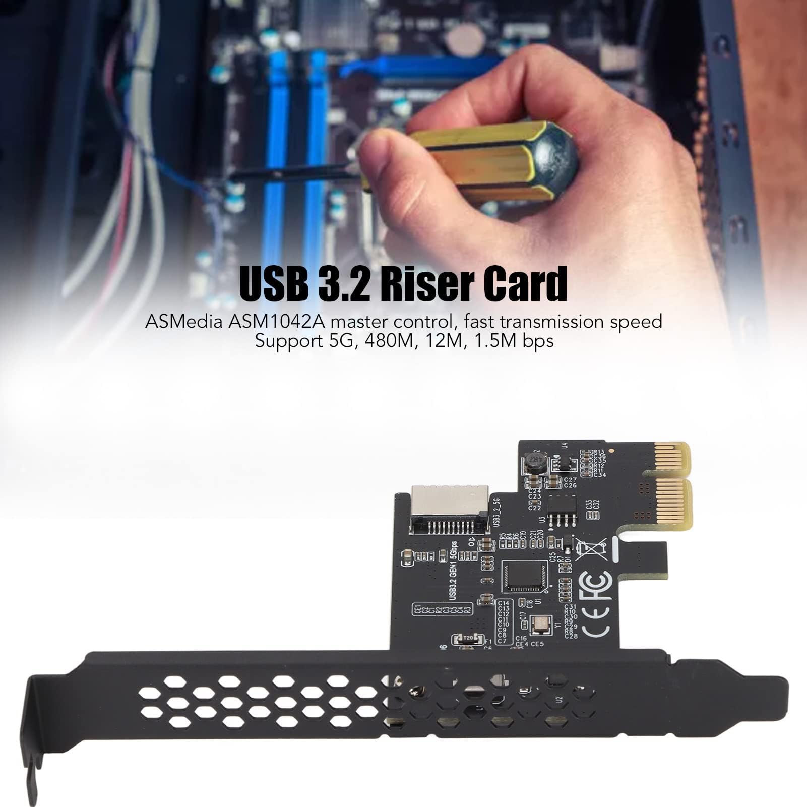 Karta Rozszerzająca PCIE na Typ E, Karta Rozszerzająca USB3.2 PCI E dla XP 7 8 10 11 LINUX, ASMedia ASM1042A Master Control, PCIE na USB3.2 GEN1 5 Gb/s Typ C Przód(Czarny)