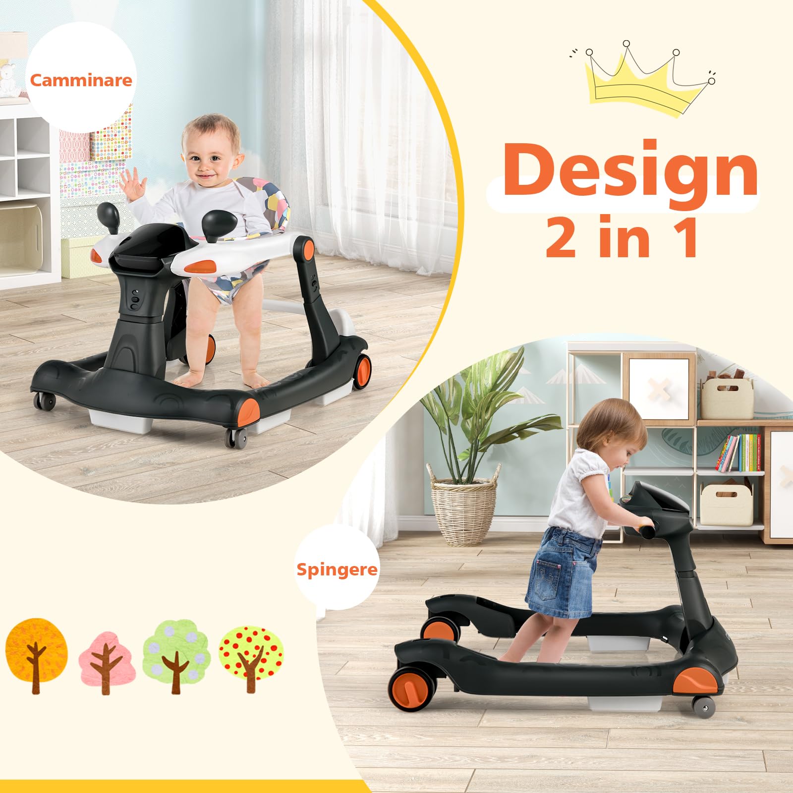 RELAX4LIFE 2 in 1 Girello Neonato 6-18 Mesi, Primi Passi per Bambini con Altezza e Velocità Regolabili, Girello Pieghevole con Musica e Luce, Cuscino Rimovibile e Lavabile, Fino a 15 KG (Nero)