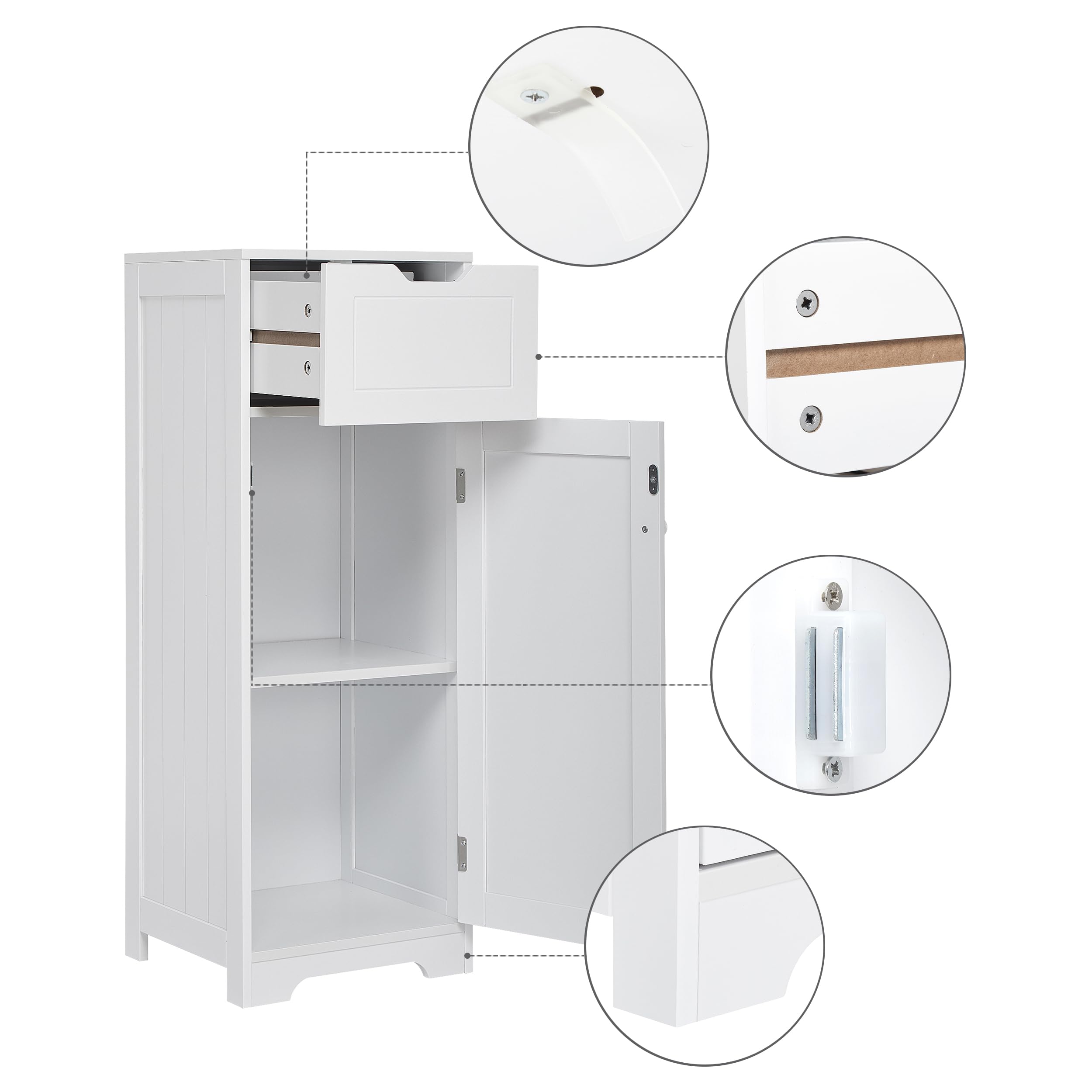 Mondeer Badschrank Schmal, Badezimmerschrank mit 1 Schubladen 1 Tür 2 Regal, 32x30x87cm Weiß MDF Holz Lackiertes, Badmöbel für Badezimmer Küche Wohnzimmer Eingang