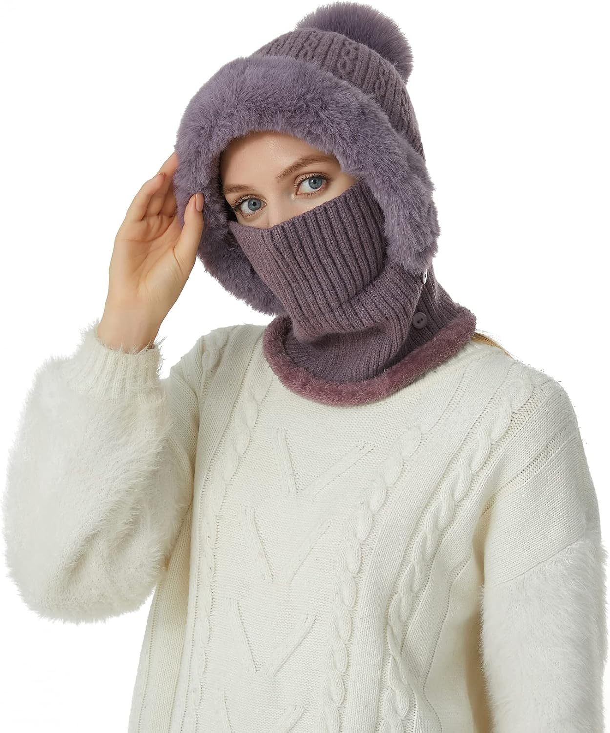 Women Balaclava One-Piece Skull Beanie Hat Neck Circle Scarf Ski Snow Winter Knit Fleece Cap Cold Weather - Image 3