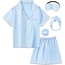 EPLAZA Kids Satin Pajamas Sets Girls Boys Button-Down Silky Pajamas Sleepwear with Hairband Eye Mask Hair Tie