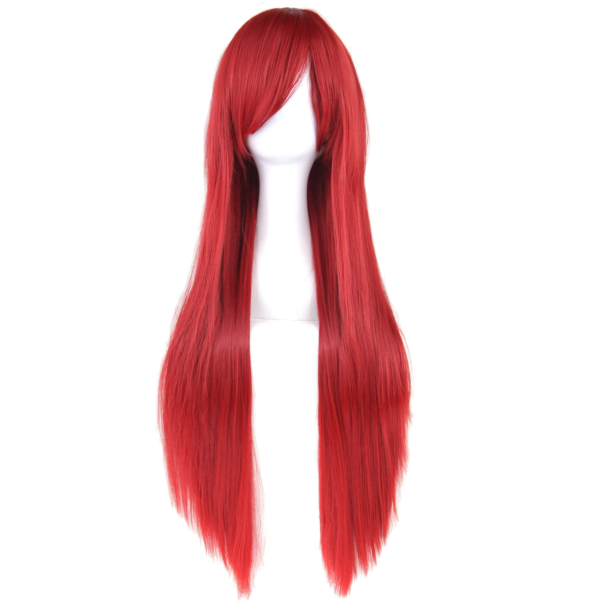 IMISSU 80cm długie proste naturalne włosy peruki do cosplay z grzywką kolorowe nakrycia głowy kostium na halloween peruka na przyjęcie dla dziewczynki (Czerwony)