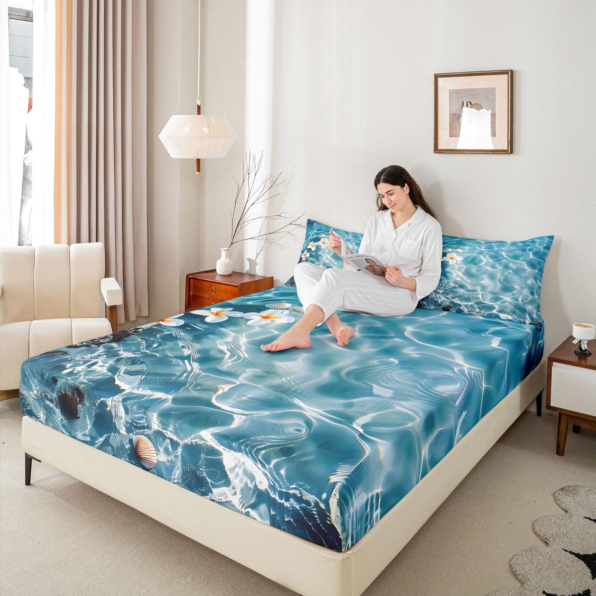 Homemissing Sábana bajera ajustable tamaño King para niños y niñas, con bolsillo profundo de 40.6 cm, sábana bajera hawaiana de playa con 2 fundas de almohada, decoración de habitación
