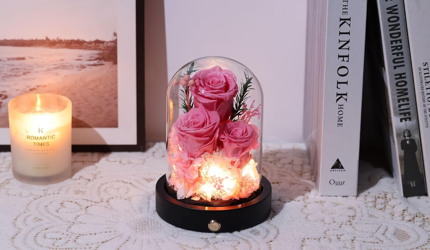 Forever Flowers Gifts for Women,Preserved Roses in Glass Dome, Eternal Flowers for Delivery Prime, Real Pink Roses,Anniversary Birthday Valentines Day Gifts for Wife Her - Image 3