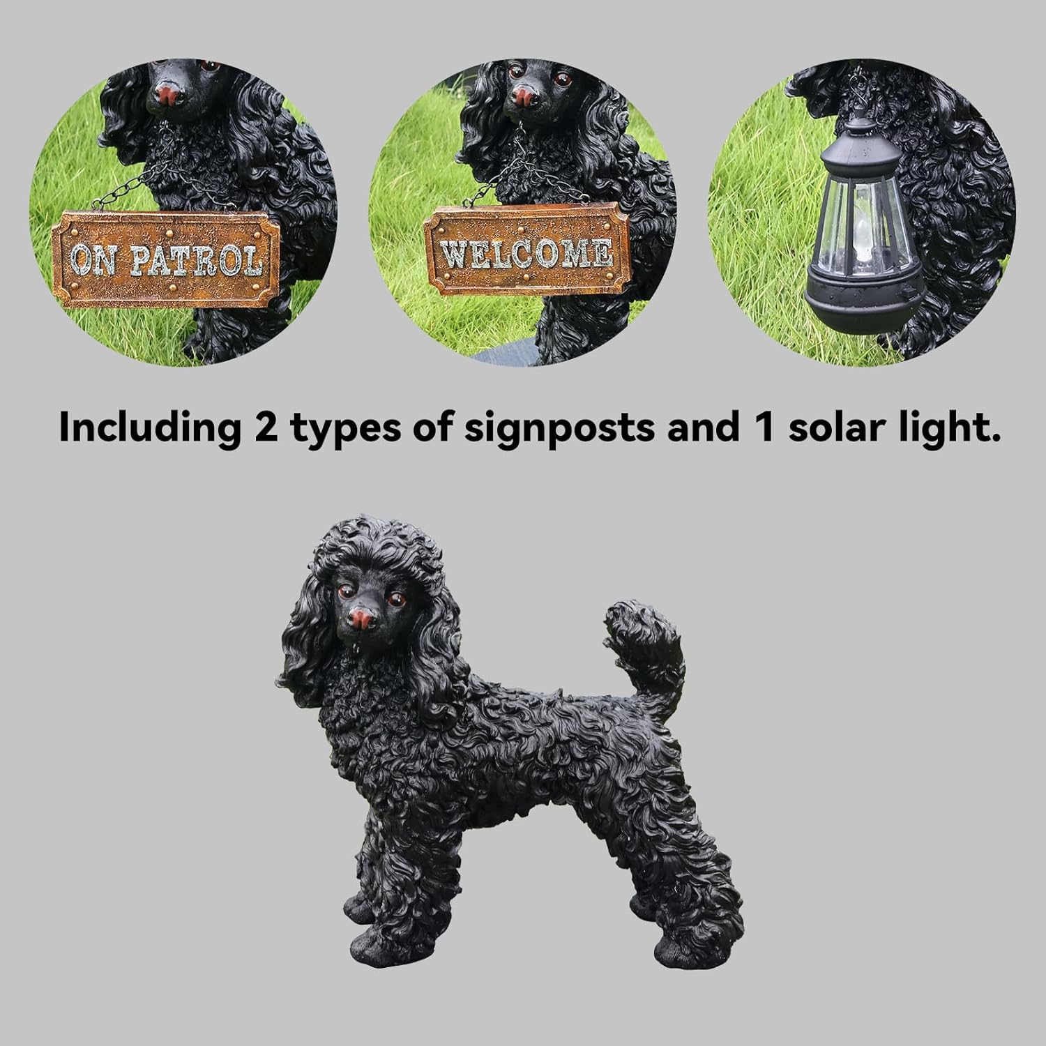 Outdoor Poodle Dog Statue Greeter Solar Lantern Dog Welcome Sign Garden Decor – Realistic Puppy Sculpture with Interchangeable Welcome Plate & LED Light for Yard Porch Housewarming Gift