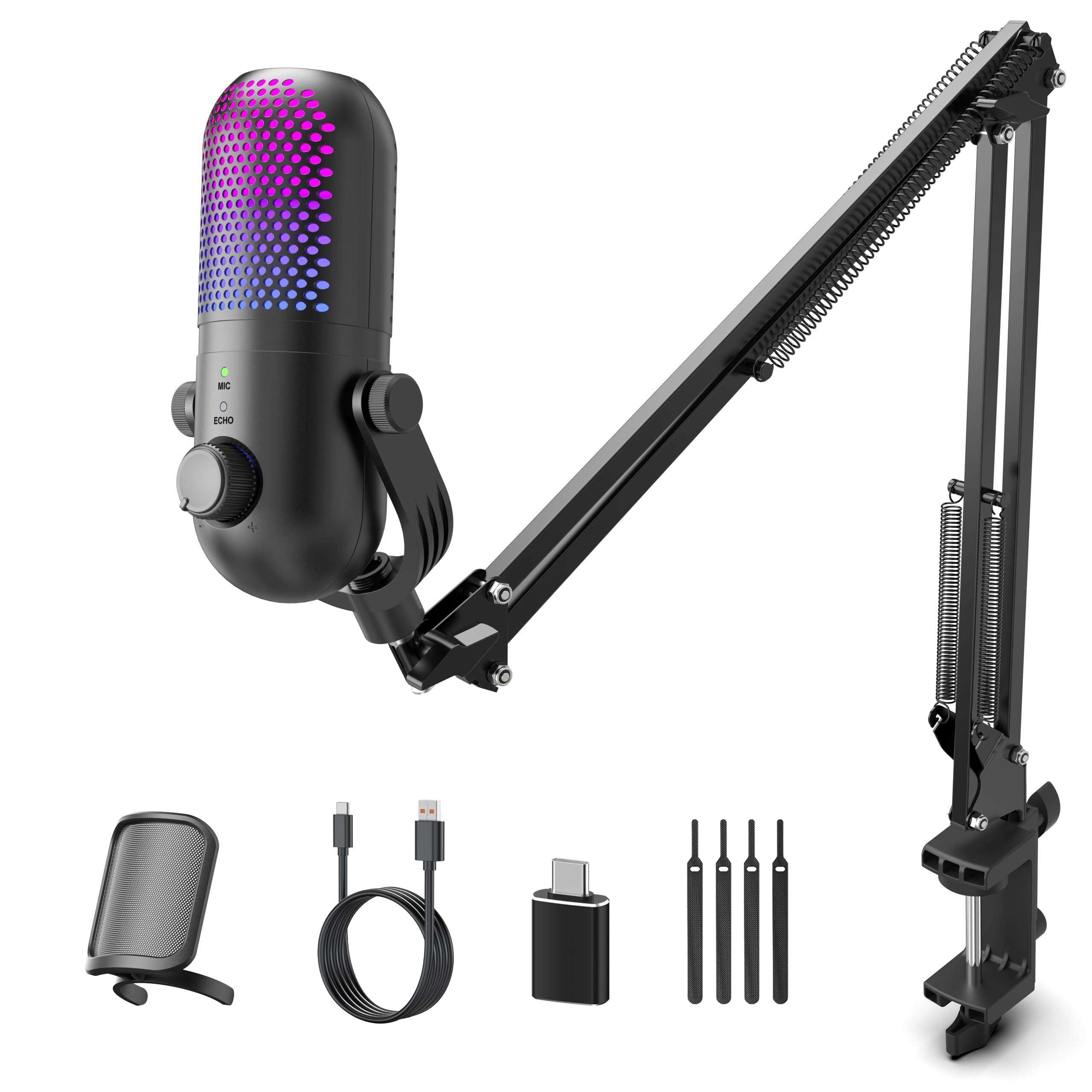 GUEVWES USB Mikrofon PC Gaming RGB: Microphone PC Schwarz - Zubehör PS4 & PS5 - Gaming Mic mit Stumm & Gain & Echo - Gadgets Laptop für Windows & Mac - Podcast Mikrofon für YouTube & Streaming