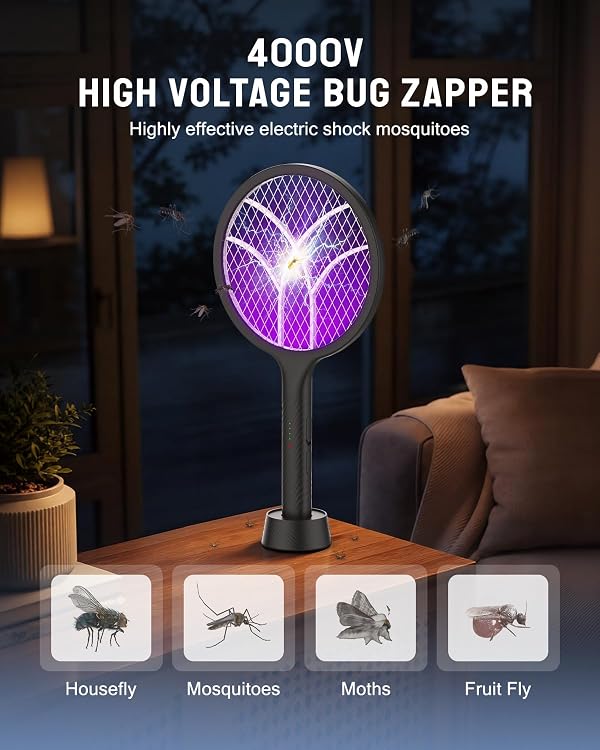 Mosiller Electric Fly Swatter Racket, 4000V Bug Zapper with 1800mah & Dual Modes, 2 in 1 Rechargeable Purple Mosquito Light Killer with 3-Layer Safety Mesh for Indoor Home Patio Camping Office(1 Pack) by Mosiller - Image 2