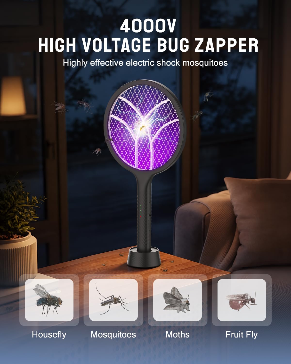 Mosiller Elektrischer Fliegenklatschen-Schläger, 4000 V Insektenvernichter mit 1800 mAh und Dual-Modi, 2-in-1 wiederaufladbarer violetter Mückenlichtvernichter mit 3-lagigem Sicherheitsnetz für