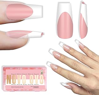 NOVO OVO White French Tip Medium Coffin Nail Tips Press on, BABY PINK, Extra Thick Soft Gel Fake Nail Acrylic Extension, Need Builder Gel Top Coat, No Glue Included, for Salon DIY 15 Sizes x 240 pcs