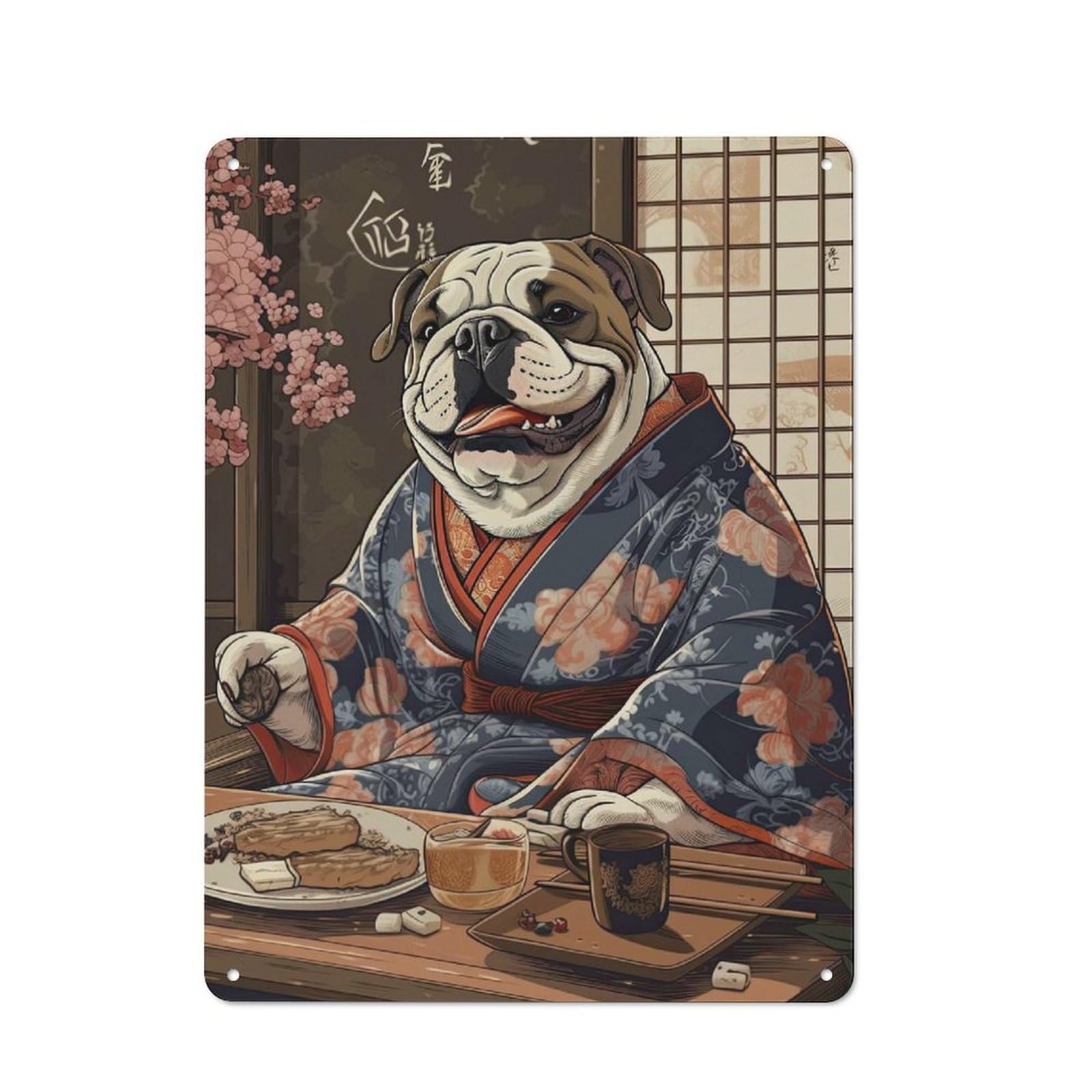 Junmoney Style-8 Vintage Bulldog Dog Japanese Food Bistro Metal Sign 40X30cm, Bistro Wall Plaque For Takeaway, Bar, Kitchen Or Counter Area