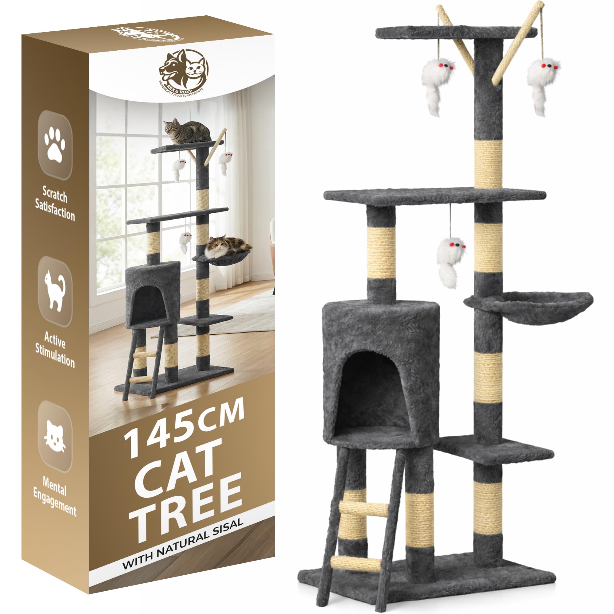Rex & Roxy Cat Tree, 145cm Cat Scratching Post Multi-Level Stable Climbing Tower with Ladder, Indoor Pet Activity Furniture Play House for Kitty Kitten