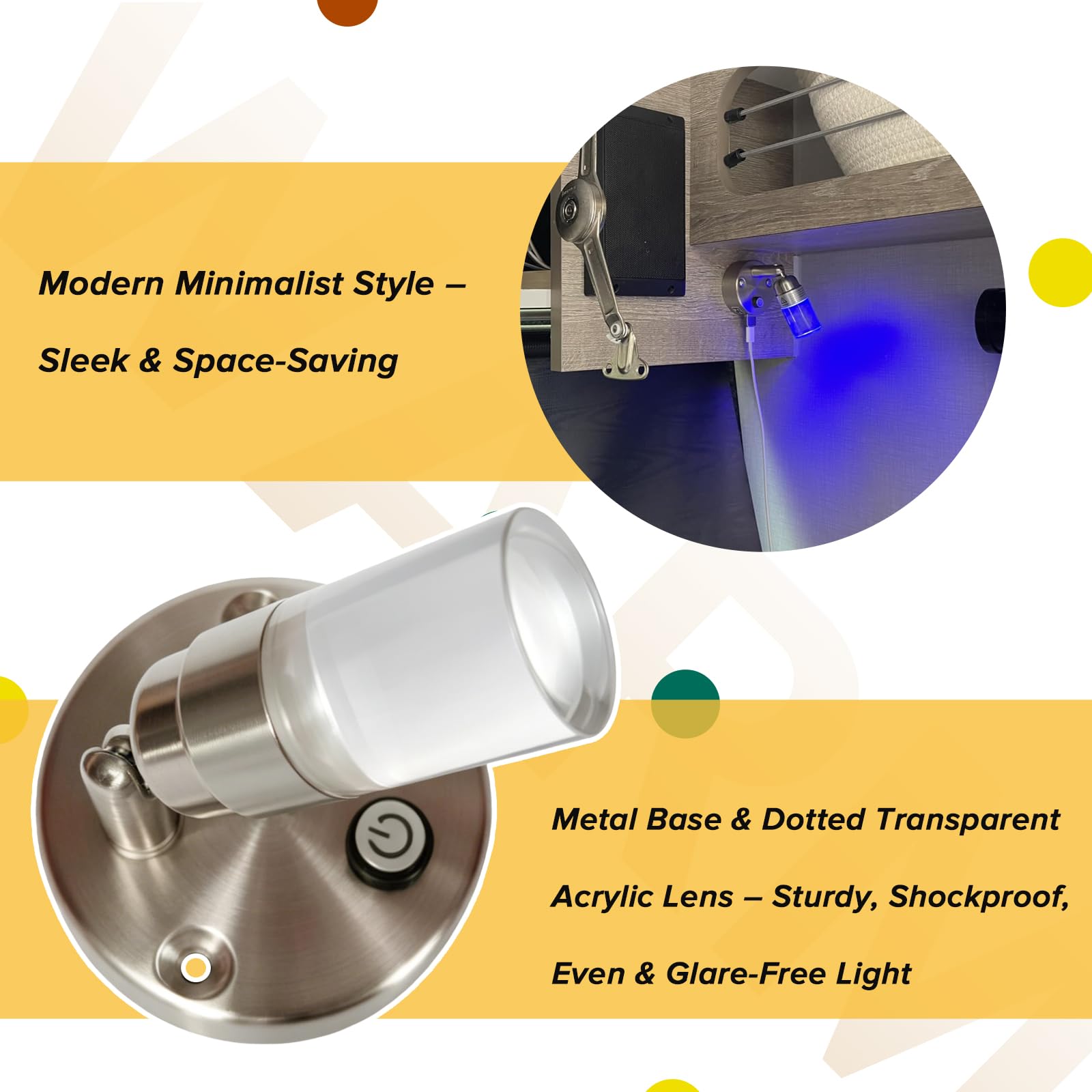 Luces de lectura para caravana de 12 V, luz interior para caravana con puerto USB, iluminación LED con cargador USB-C para mesita de noche de 2 W, 100 lm, 12 voltios, azul claro y blanco, 3000 K
